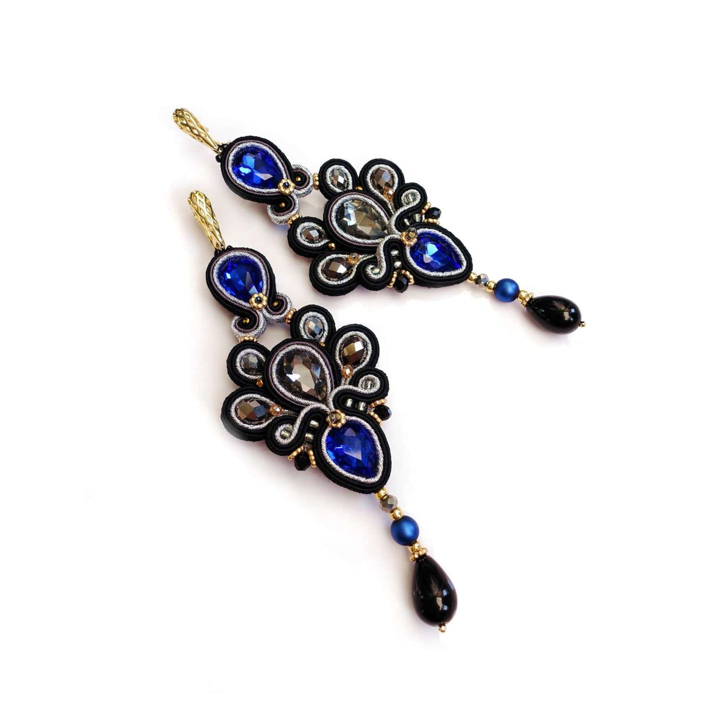 Black and blue soutache earrings with crystals 309 Levi