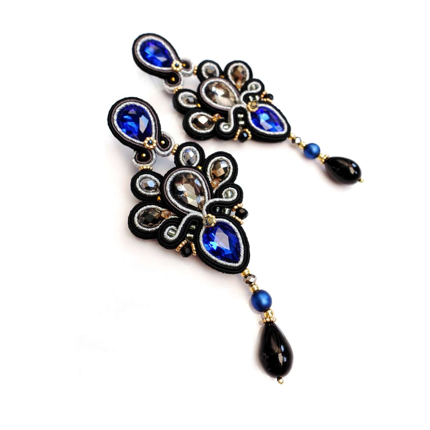 Black and blue soutache earrings with crystals 309 Levi II