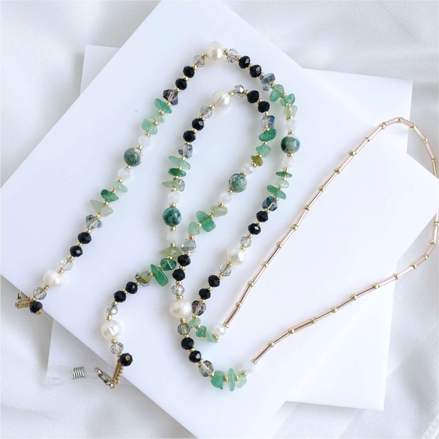 Turquoise Green Black Glasses Chain Indian Agate, Natural Pearl and Aventurine, LadyAnna EGC510