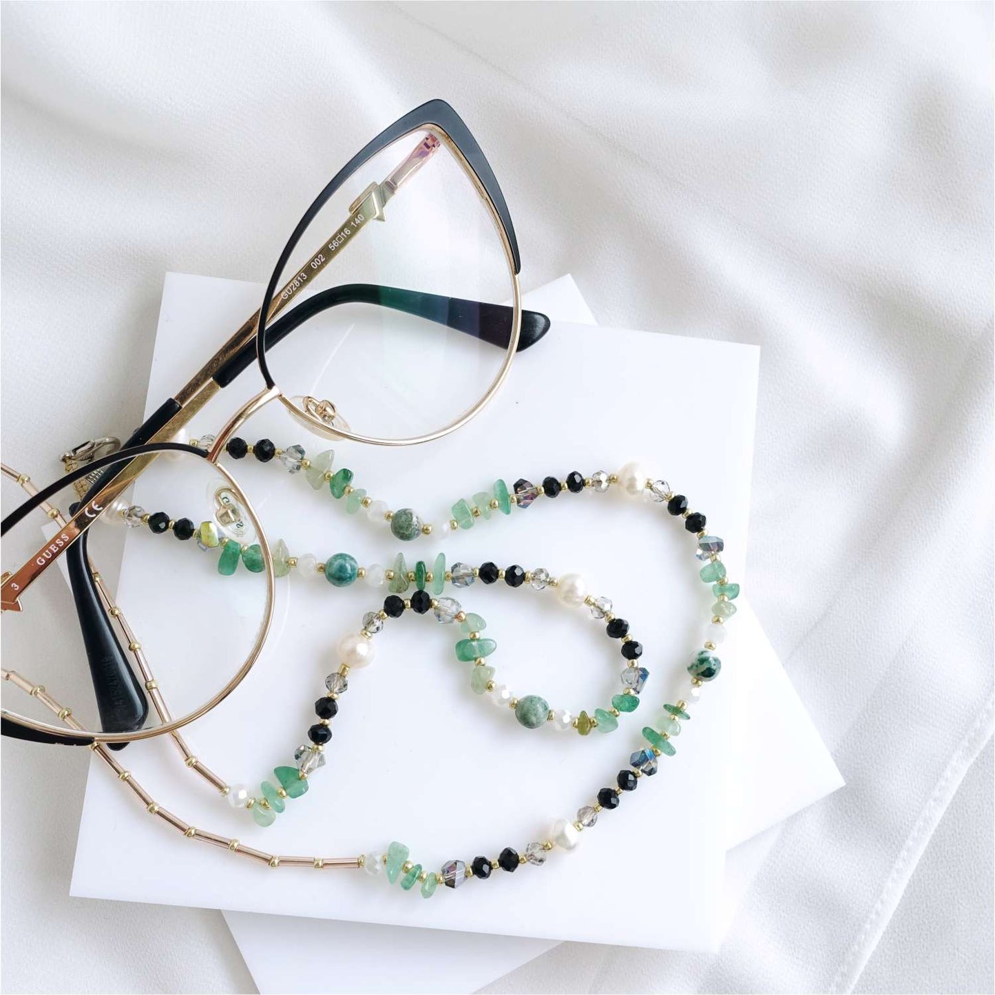 Turquoise Green Black Glasses Chain Indian Agate, Natural Pearl and Aventurine, LadyAnna EGC510