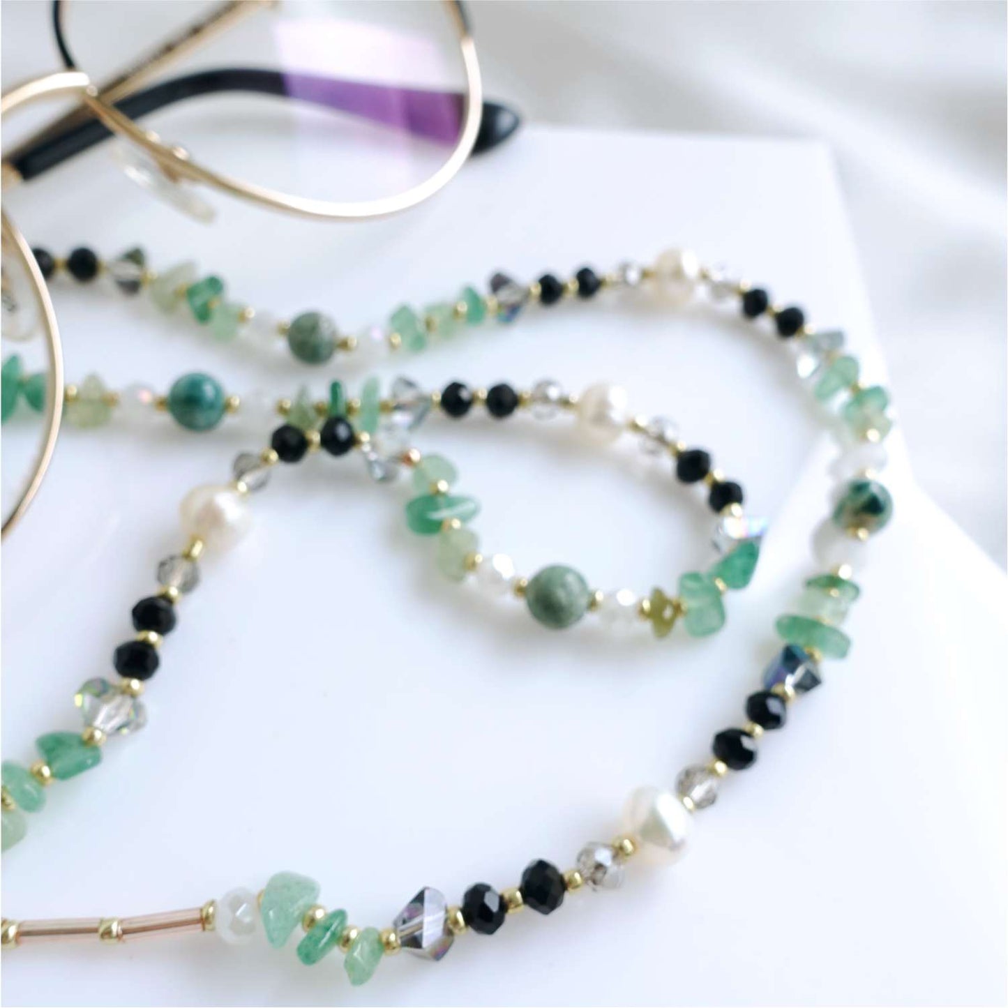 Turquoise Green Black Glasses Chain Indian Agate, Natural Pearl and Aventurine, LadyAnna EGC510