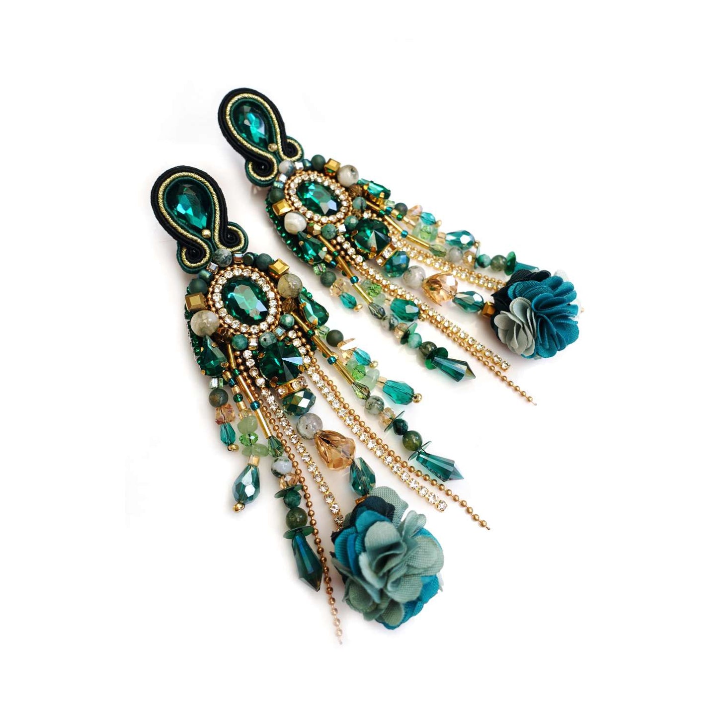 Green earrings with natural stones and flowers 411 Emerald II