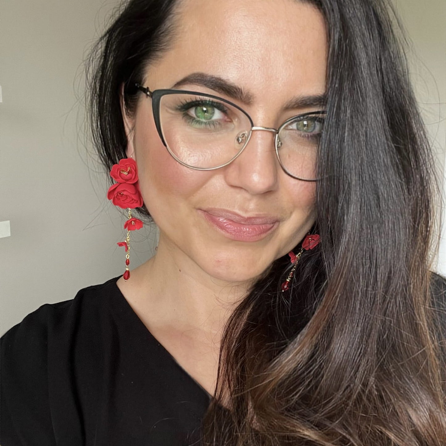 Red flower earrings on a gold chain 855 Red Gardenia