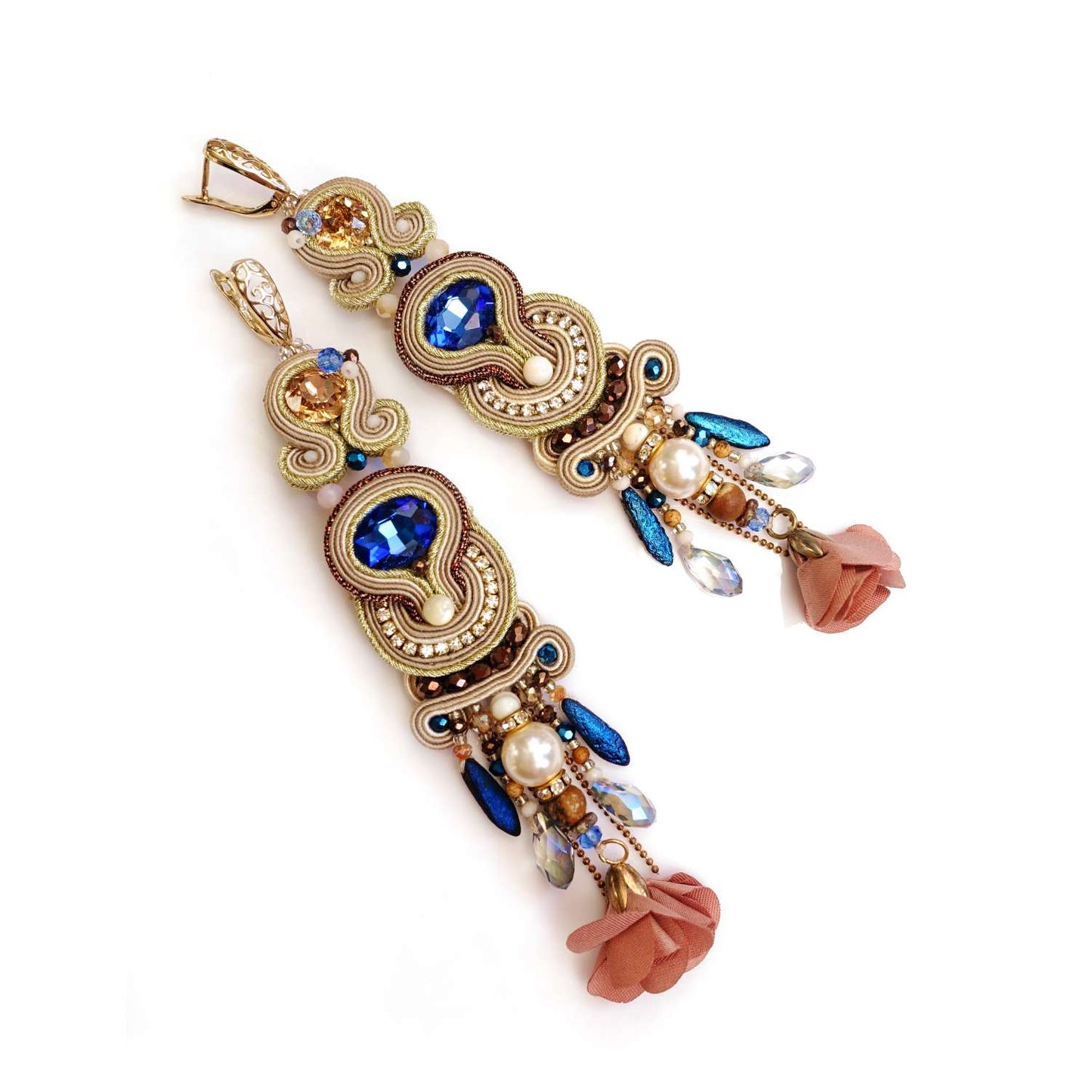Blue and beige sutasz earrings with fringes and natural stones 117 Dubai