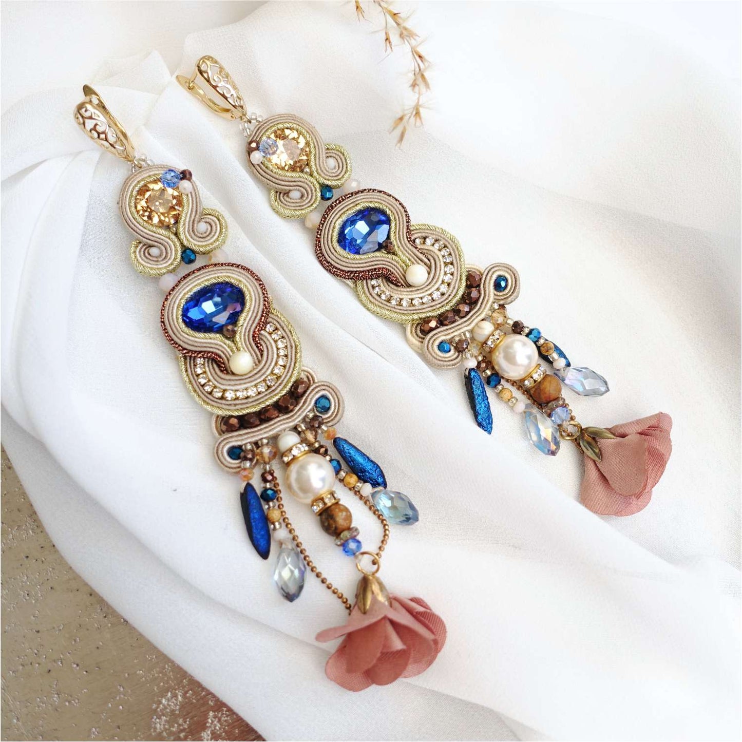 Blue and beige sutasz earrings with fringes and natural stones 117 Dubai