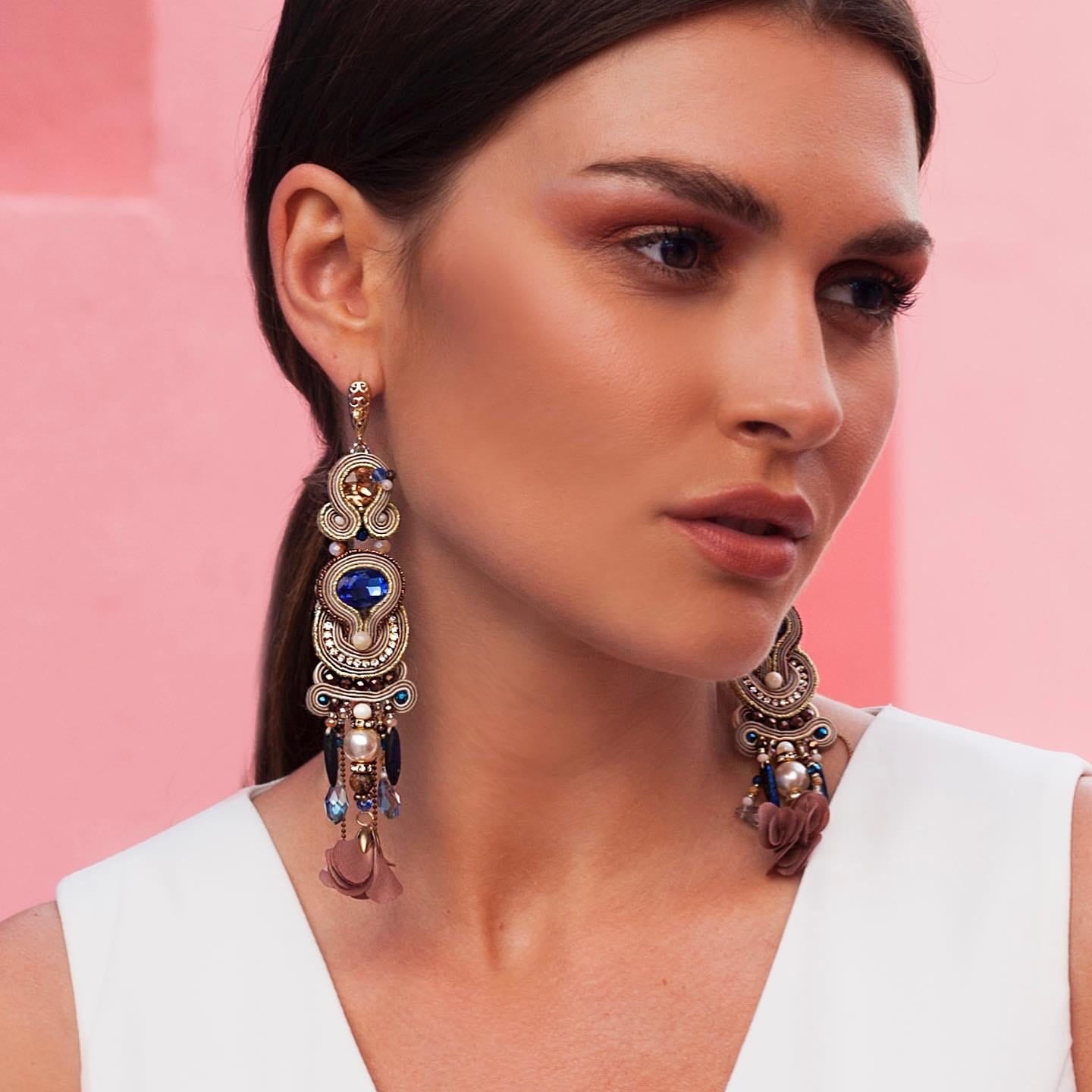 Blue and beige sutasz earrings with fringes and natural stones 117 Dubai