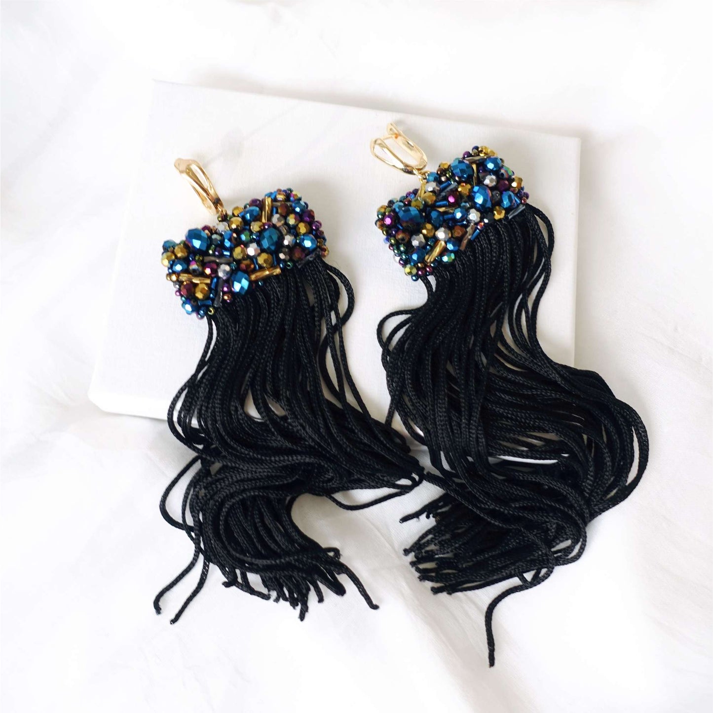 Black long tassel earrings 507 BlackNebula
