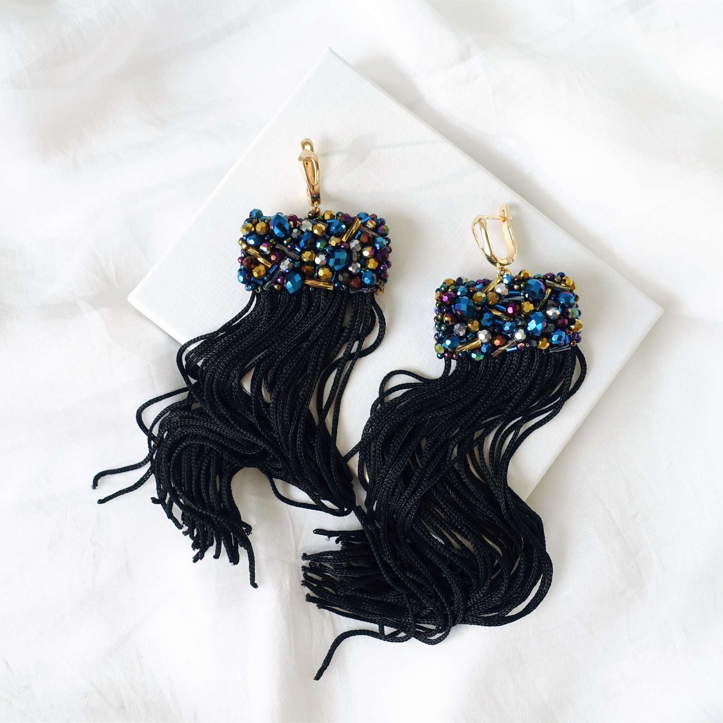Black long tassel earrings 507 BlackNebula