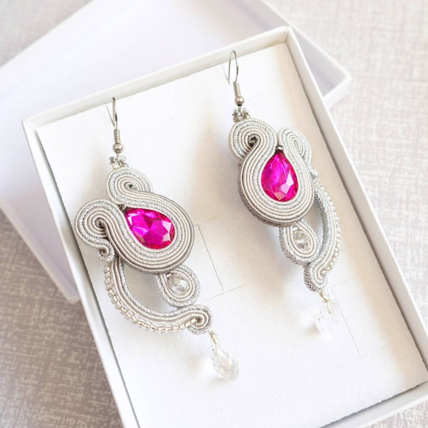 Silver pink soutache earrings with fuchsia crystals 31 Maria