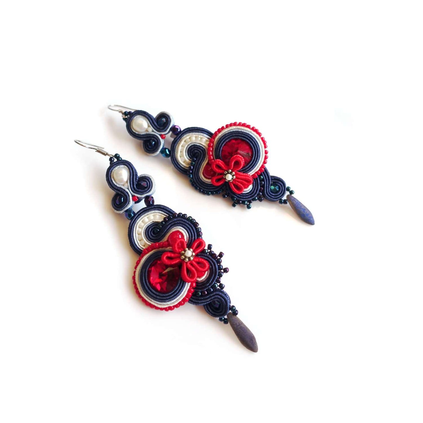 Blue soutache earrings with crystals 181 Marine