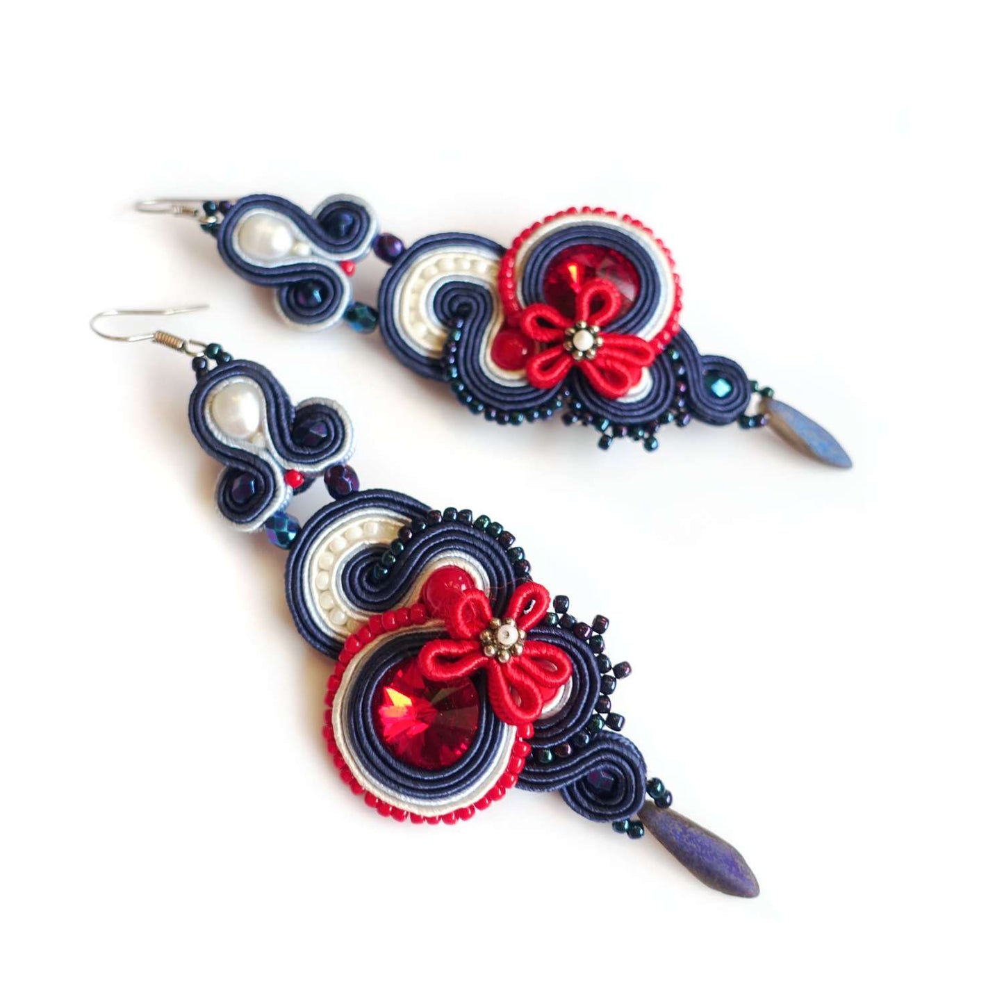 Blue soutache earrings with crystals 181 Marine