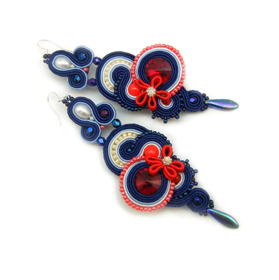 Blue soutache earrings with crystals 181 Marine