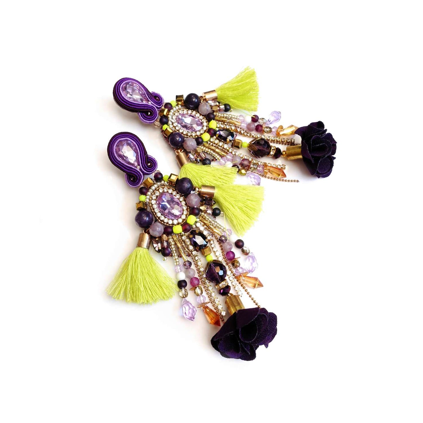 Neon earrings with natural stones and fringes 411 NeonPurple