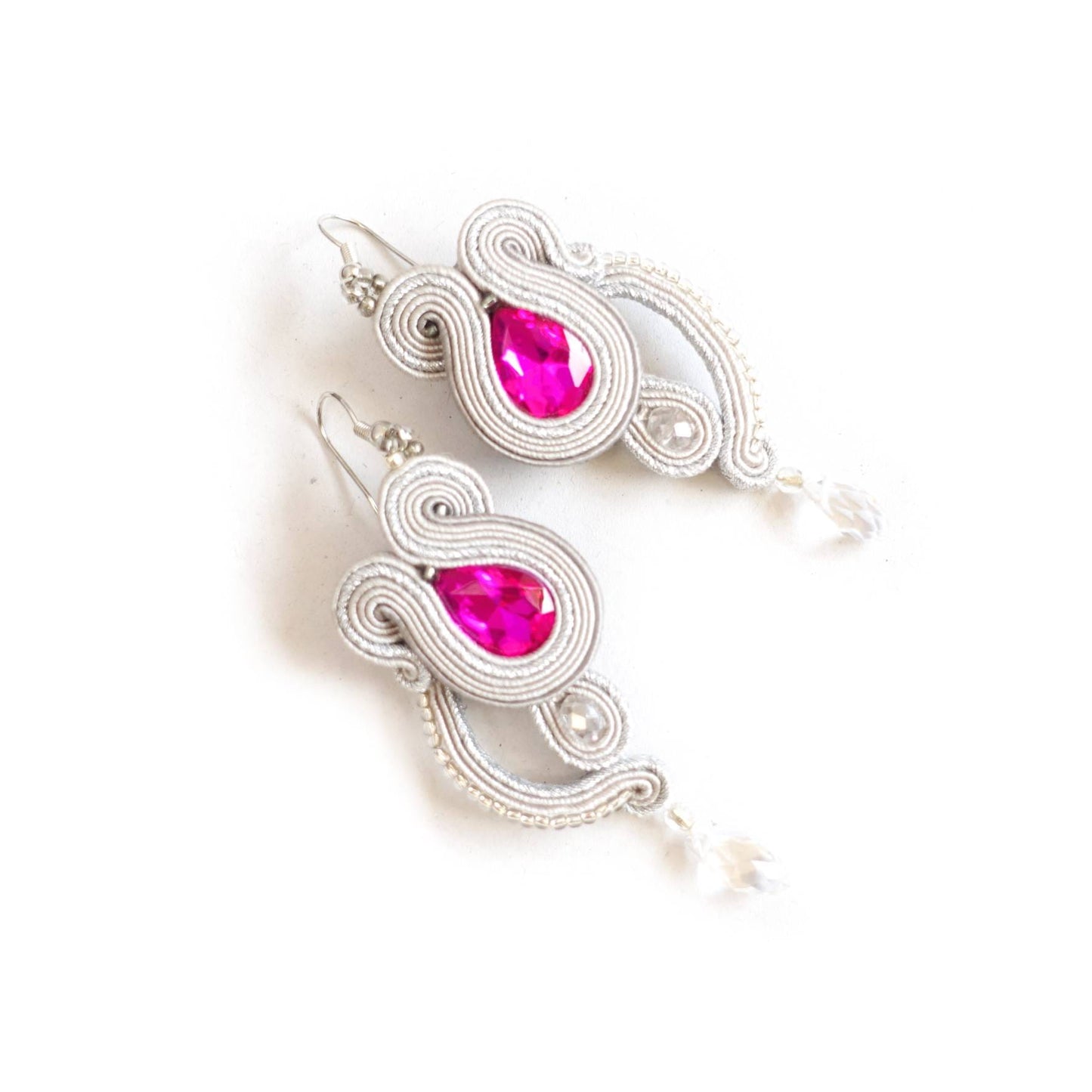 Silver pink soutache earrings with fuchsia crystals 31 Maria