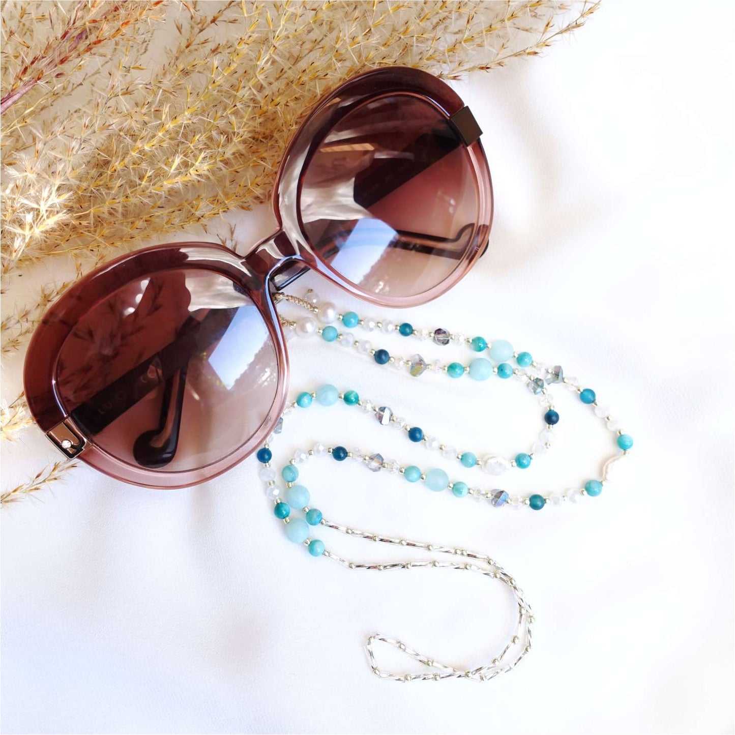 Turquoise glasses chain with natural stones jasper, agate, natural pearl, LadyBunch EGC515