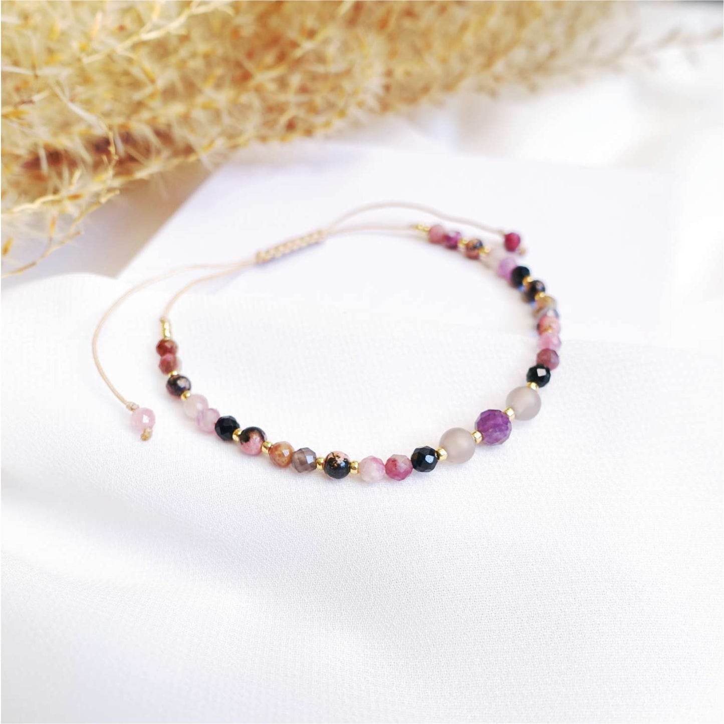 Purple string bracelet with natural stones amethyst tourmaline rhodochrosite, TD9290