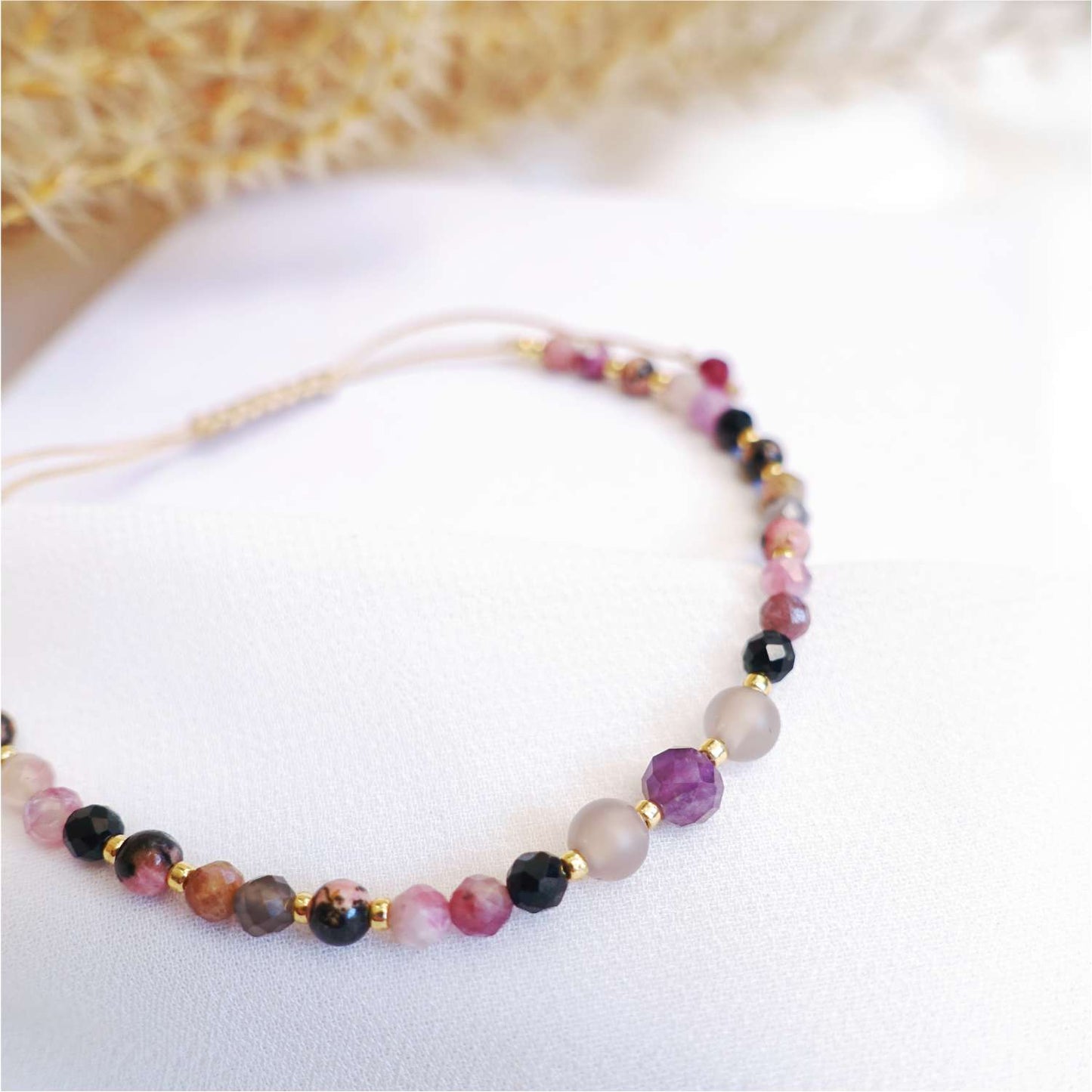 Purple string bracelet with natural stones amethyst tourmaline rhodochrosite, TD9290