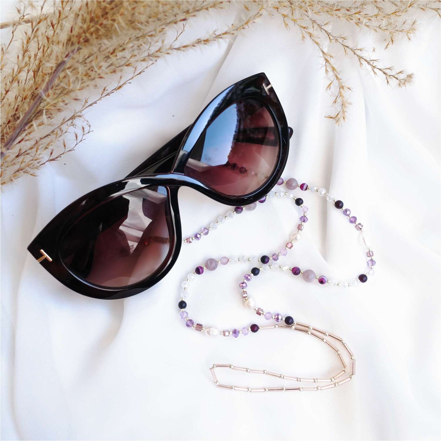 Purple glasses chain with natural stones jasper, agate, natural pearl, LadyBerry EGC514