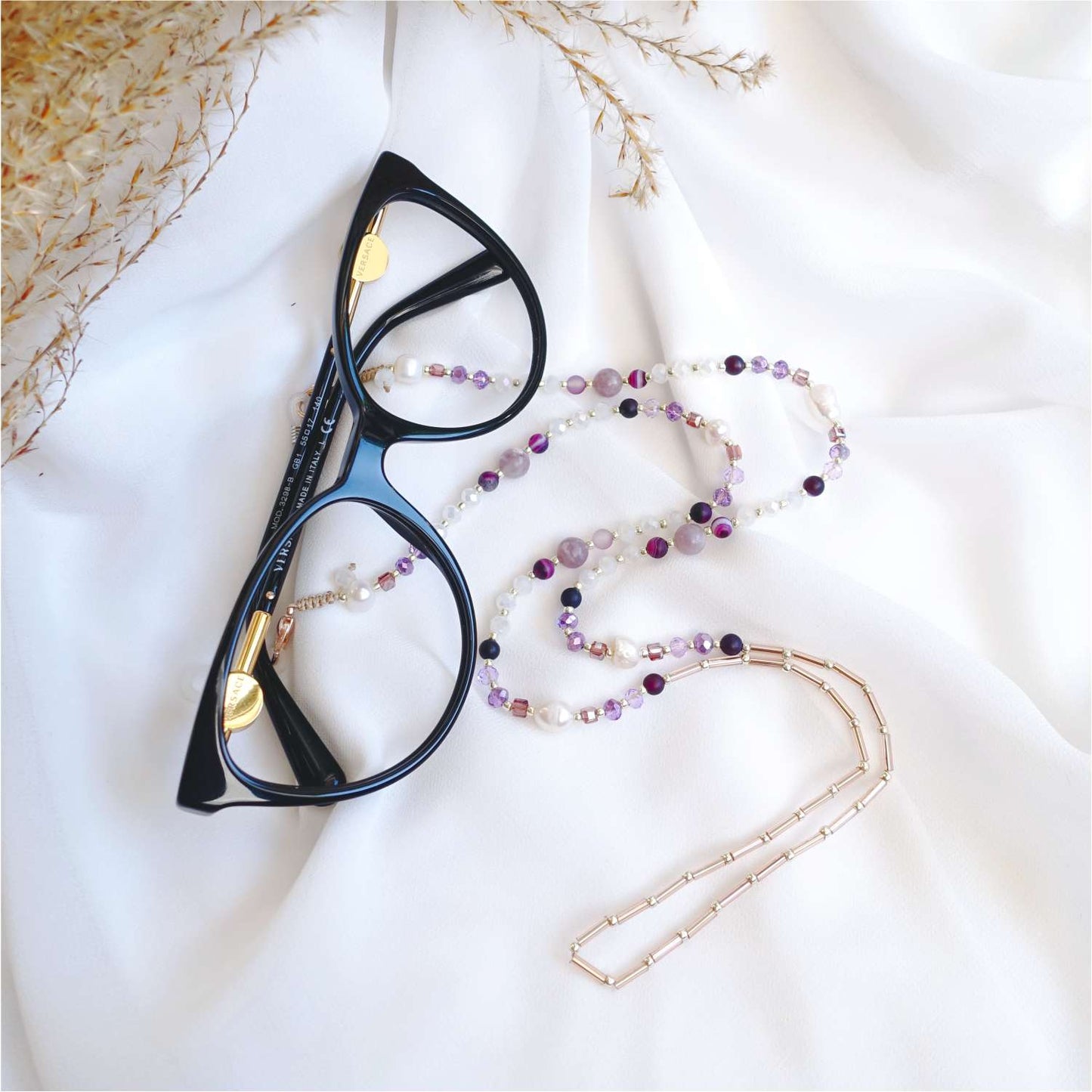 Purple glasses chain with natural stones jasper, agate, natural pearl, LadyBerry EGC514