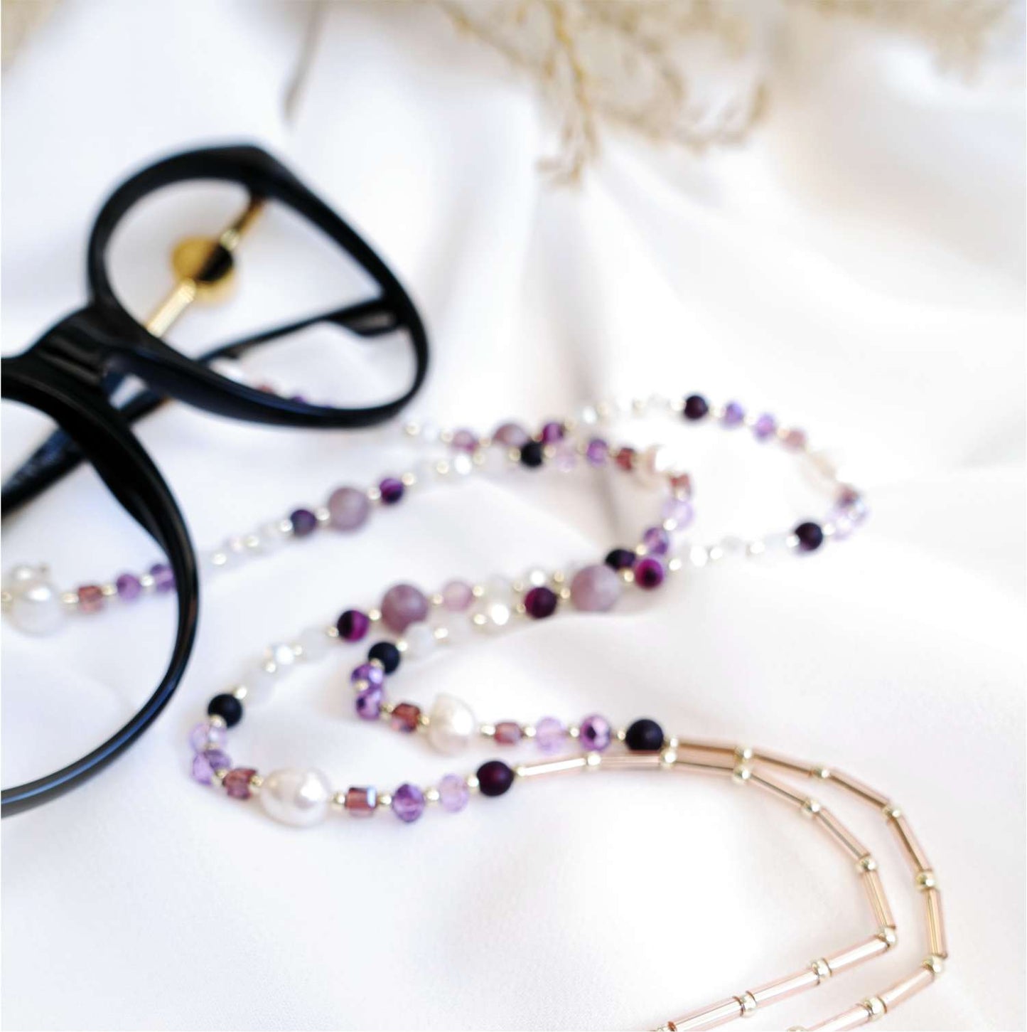 Purple glasses chain with natural stones jasper, agate, natural pearl, LadyBerry EGC514