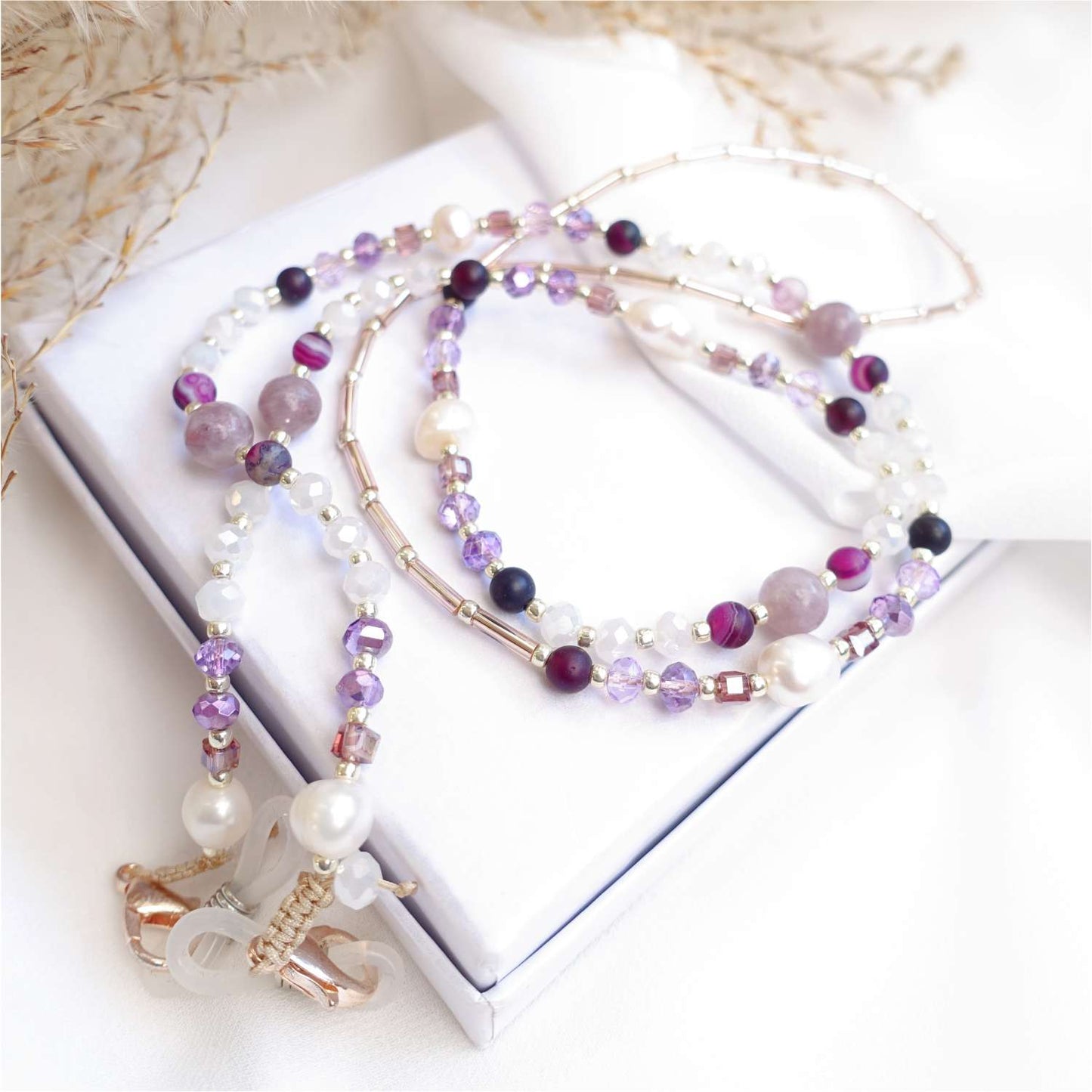 Purple glasses chain with natural stones jasper, agate, natural pearl, LadyBerry EGC514