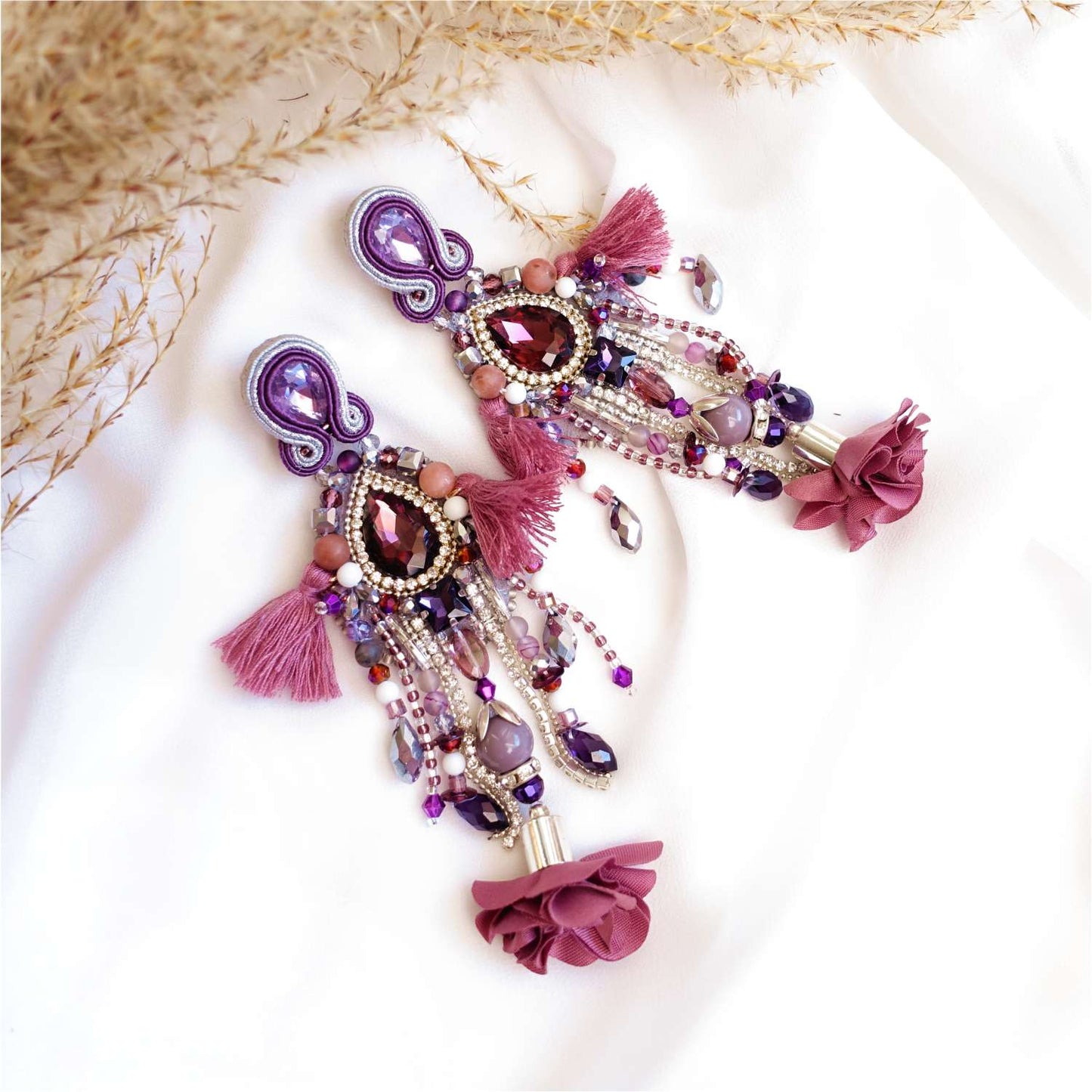 Purple crystal earrings with natural stones 411 Purple