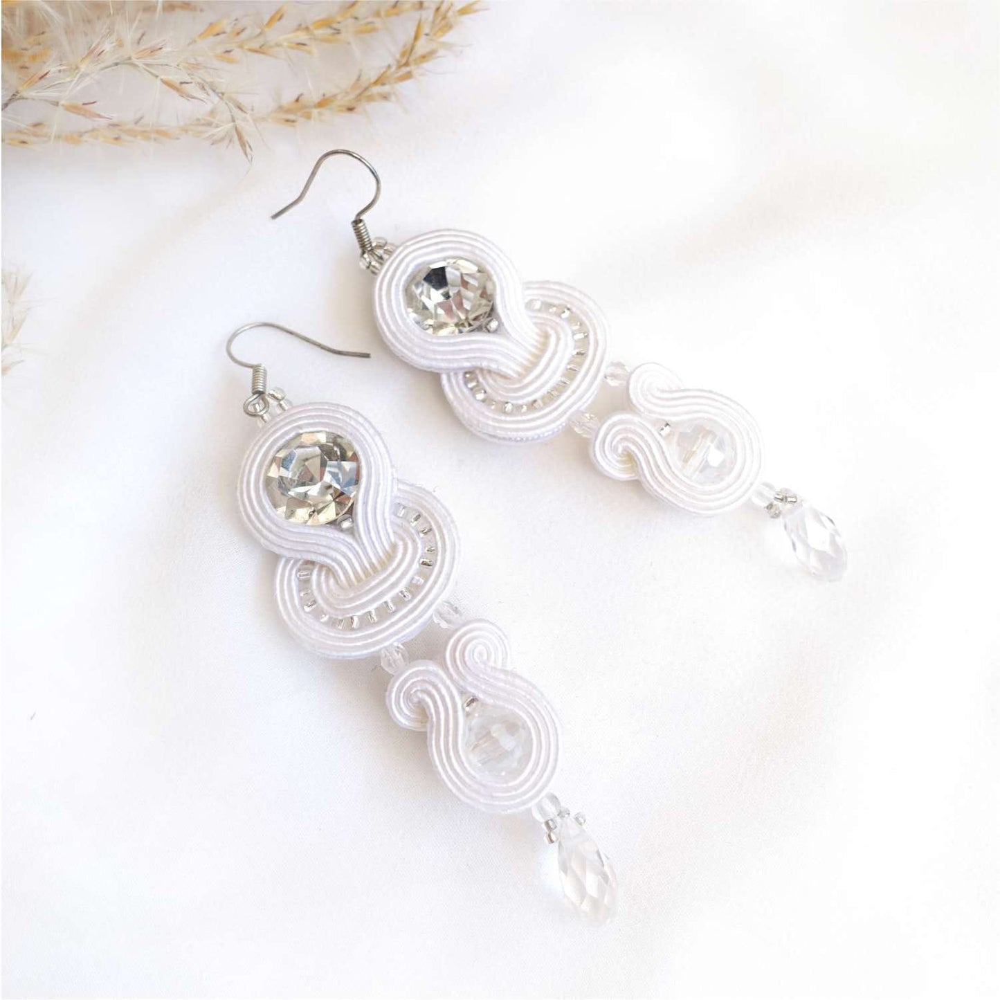 White wedding earrings soutache with crystals 115 Bridal