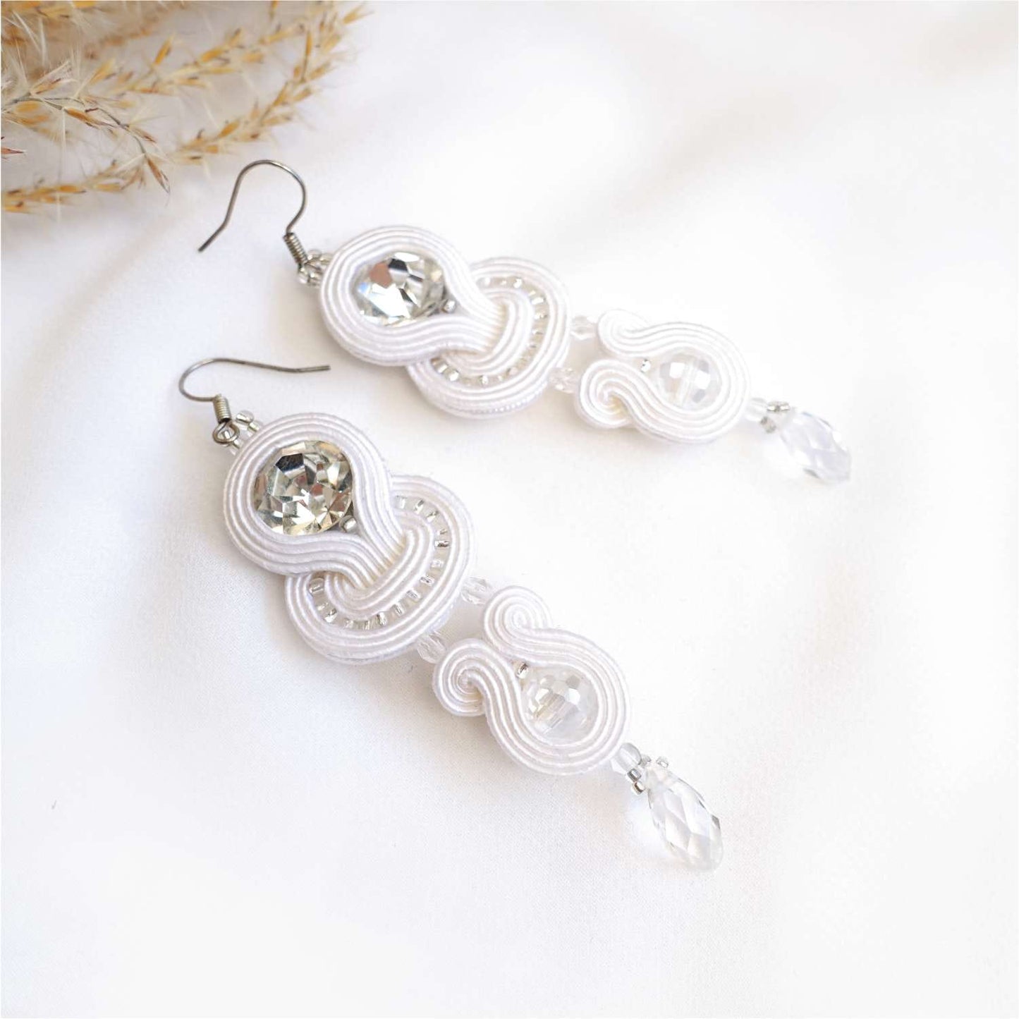 White wedding earrings soutache with crystals 115 Bridal