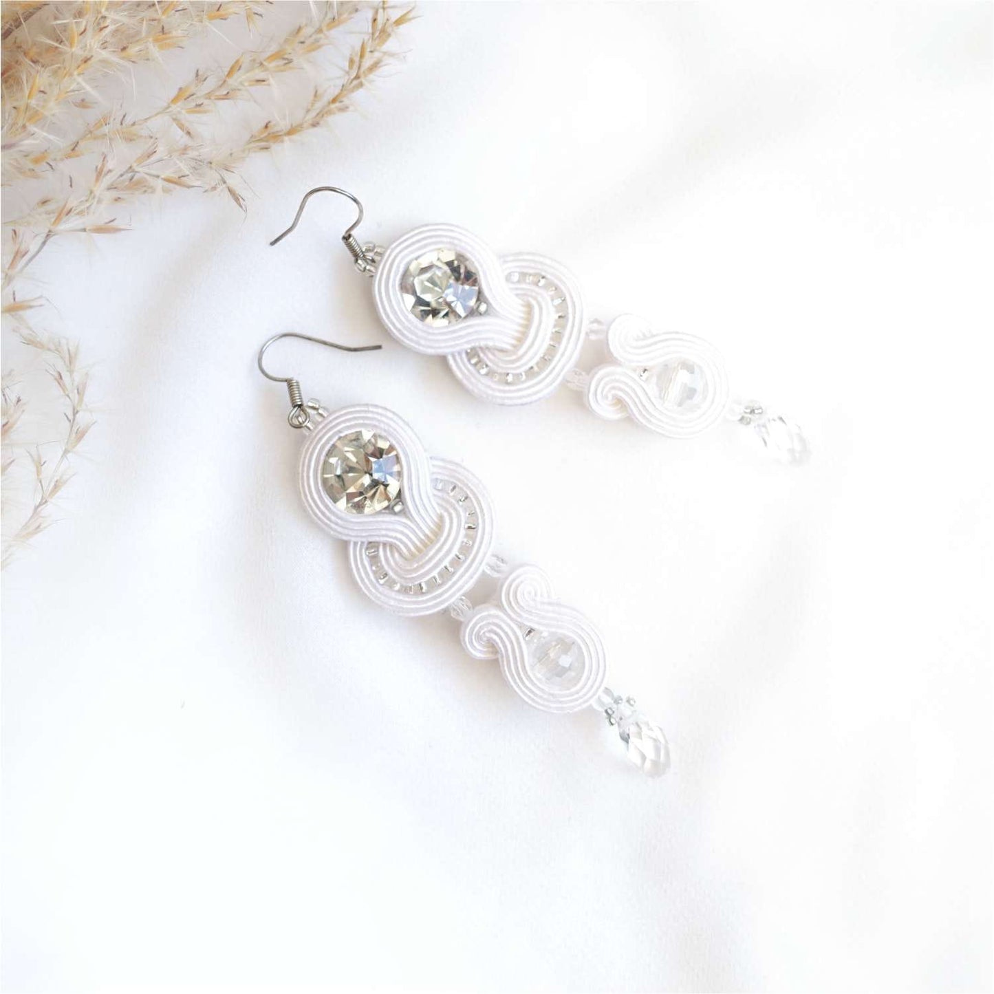 White wedding earrings soutache with crystals 115 Bridal