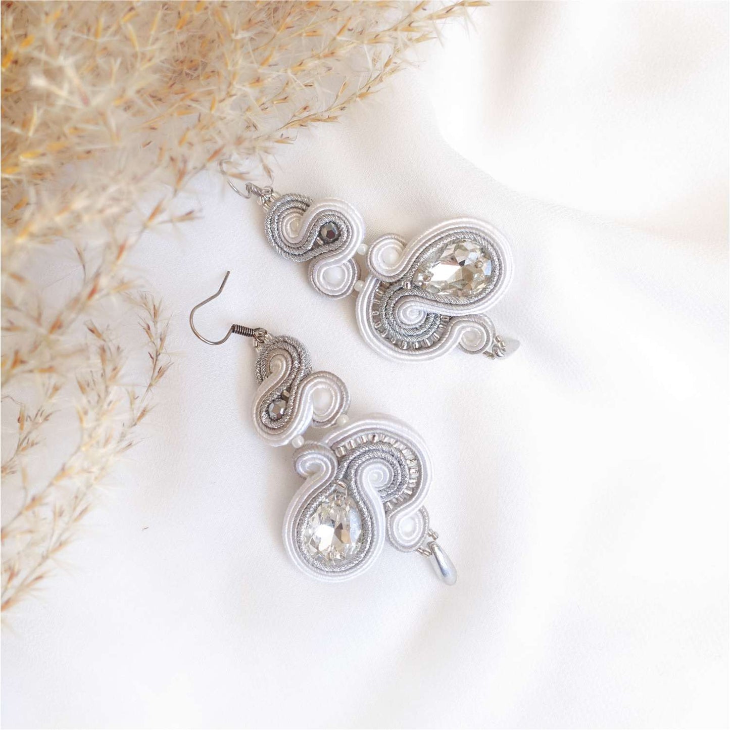 White Soutache Wedding Earrings with Crystals 122 Bridal