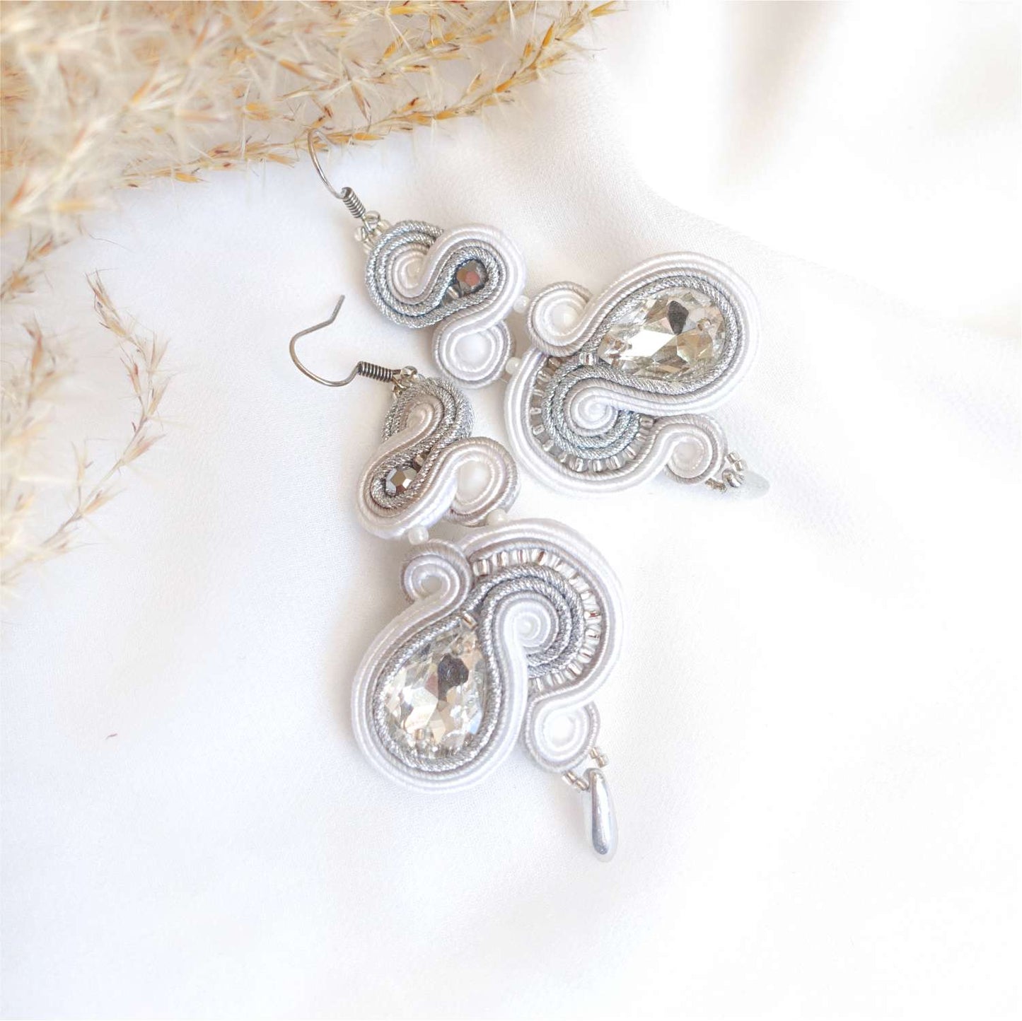 White Soutache Wedding Earrings with Crystals 122 Bridal