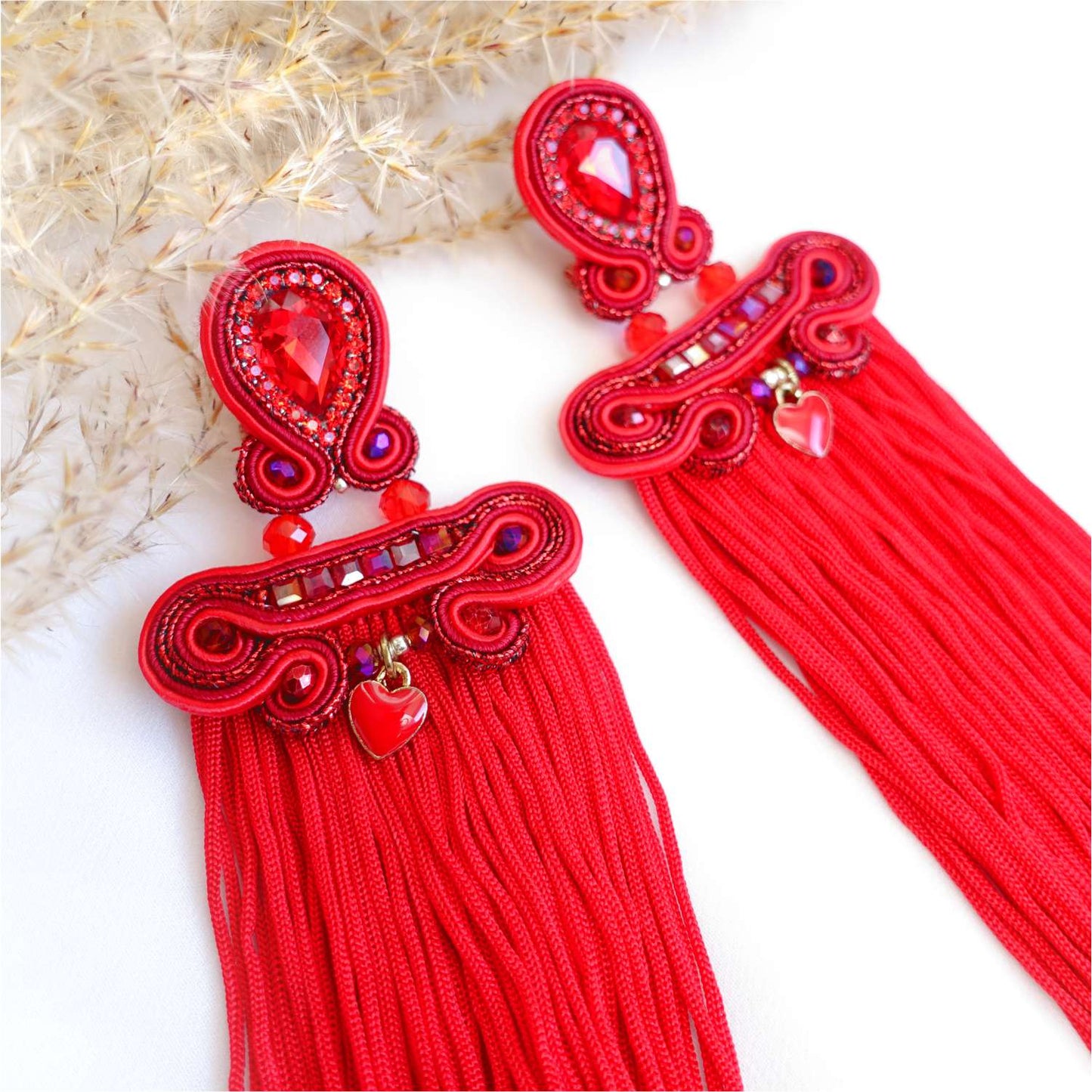 Long red soutache earrings with fringes 304 Poem Red