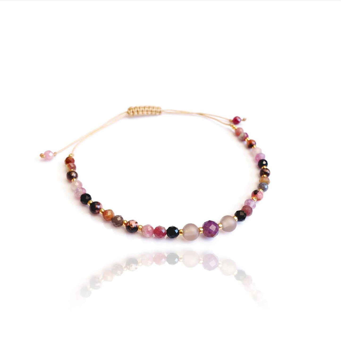 Purple string bracelet with natural stones amethyst tourmaline rhodochrosite, TD9290