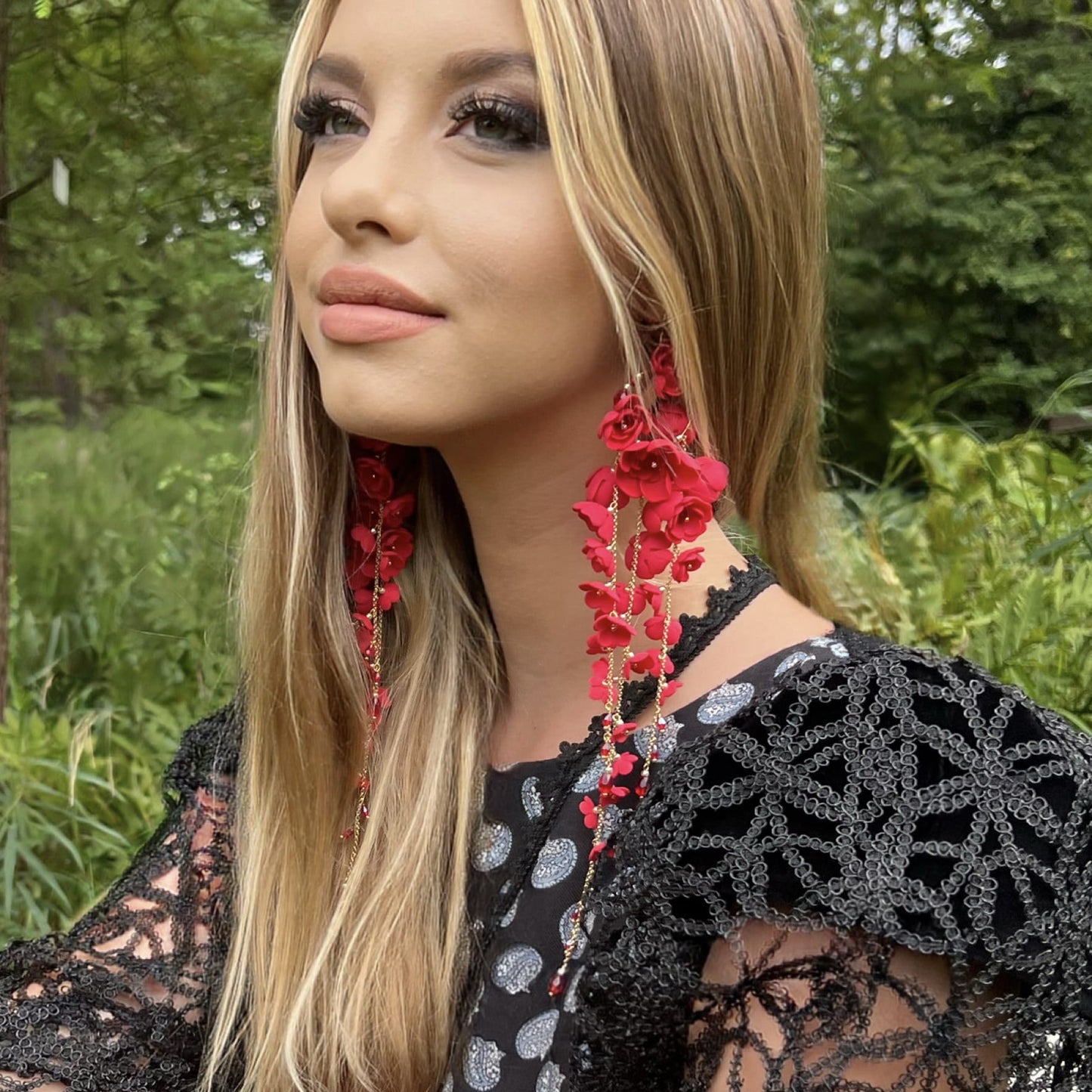 Red long flower earrings on gold chain 860 Red New Gardenia