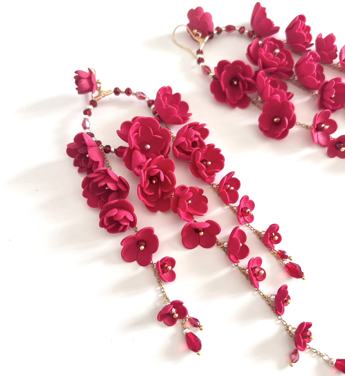 Red long flower earrings on gold chain 860 Red New Gardenia