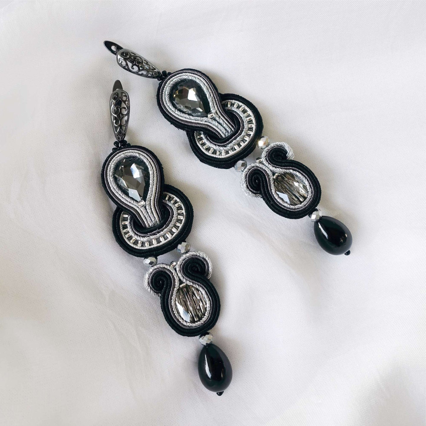Black silver soutache earrings with crystals 116 BlackSilver