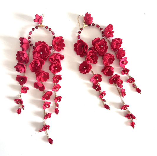 Long red flower earrings on gold chain 859 Red New Gardenia S