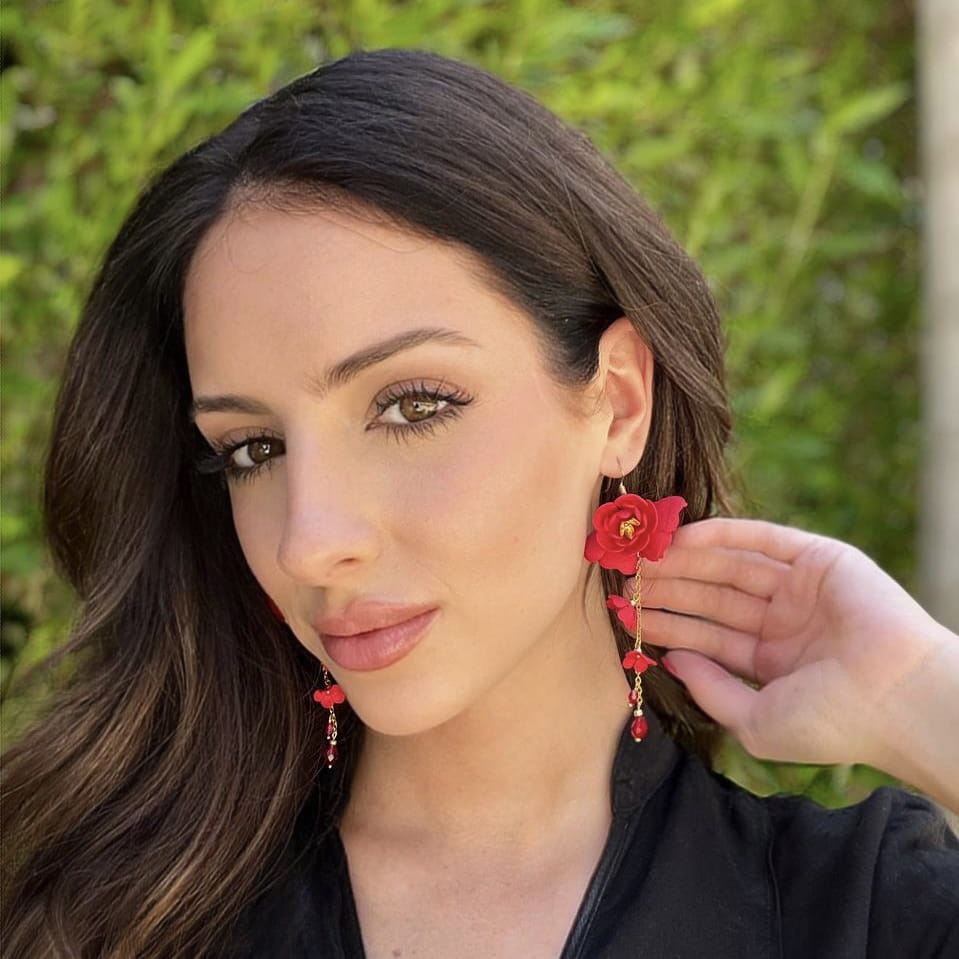 Red flower drop earrings on a gold chain Red Gardenia DK855
