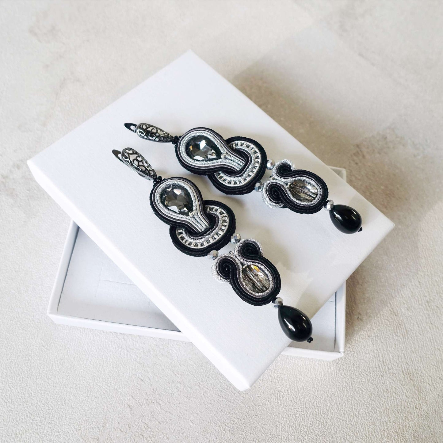 Black silver soutache earrings with crystals 116 BlackSilver