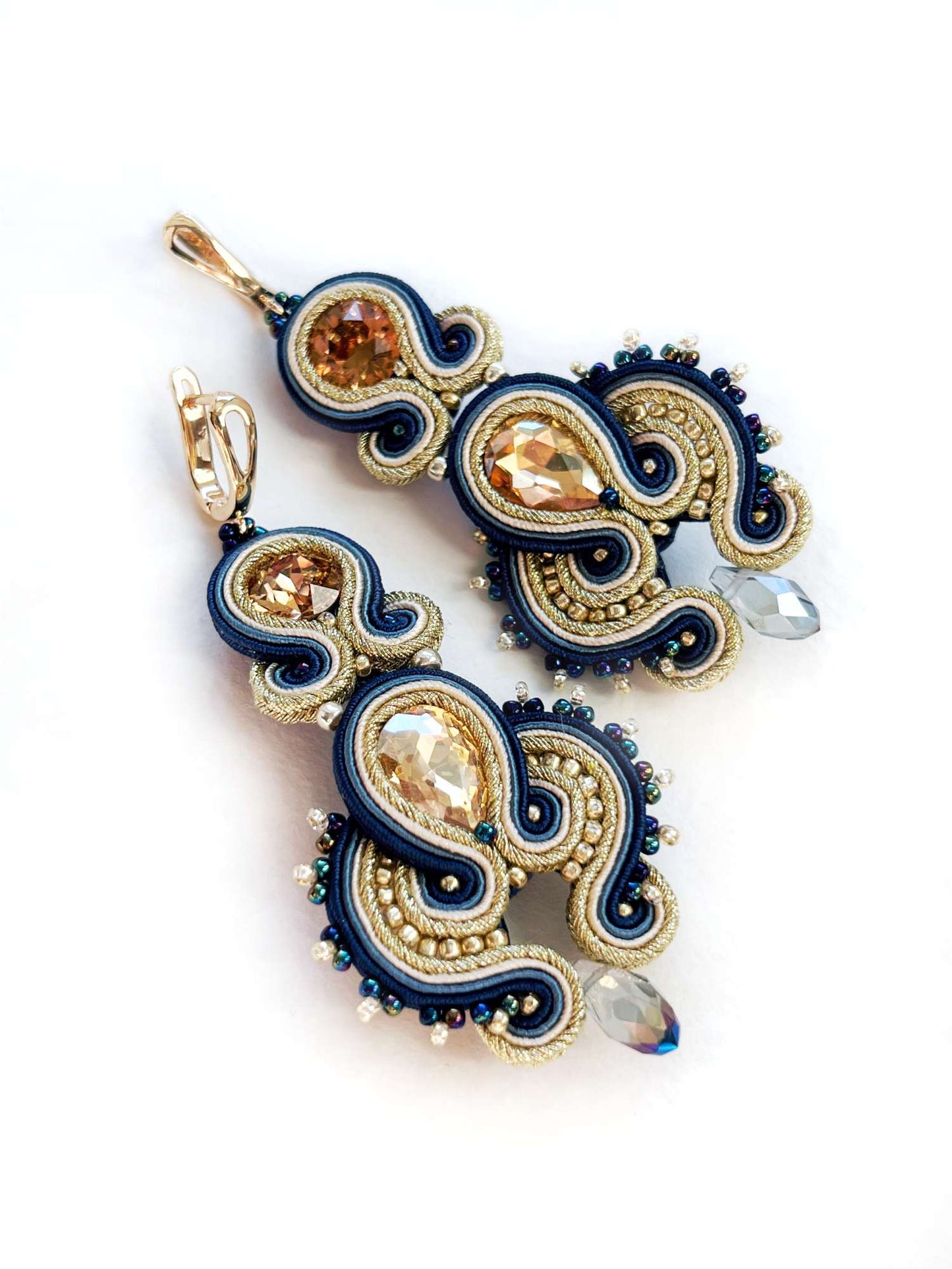 Navy blue gold earrings with crystals 153 BlueGold