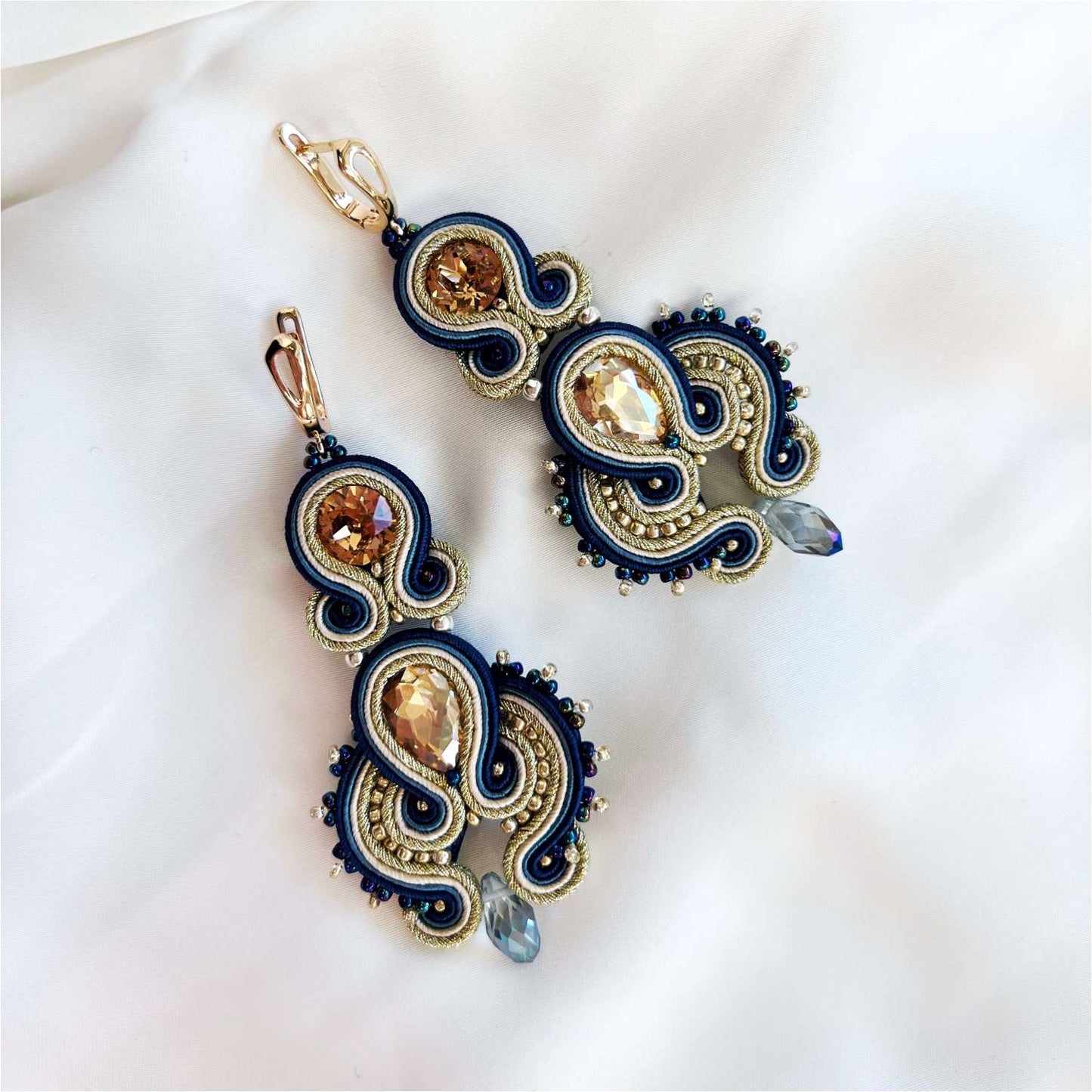 Navy blue gold earrings with crystals 153 BlueGold