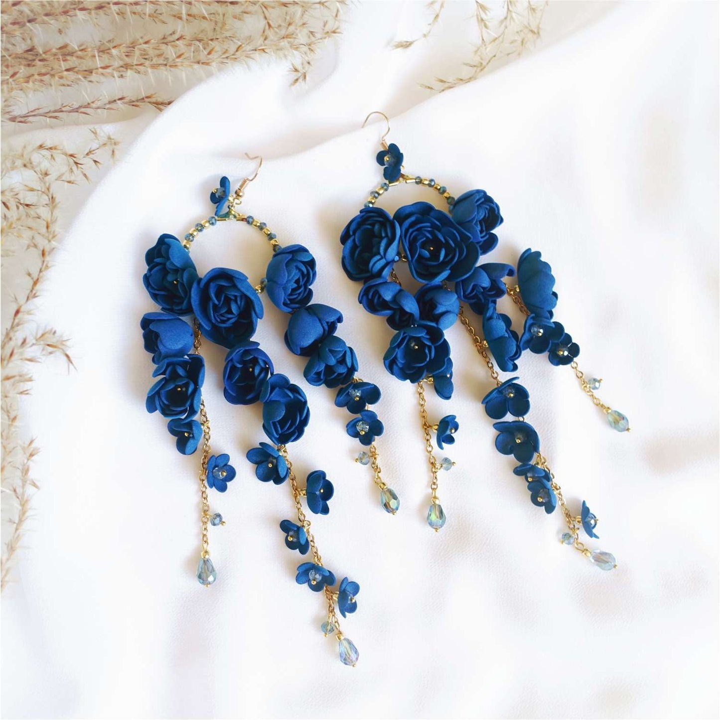 Blue flower earrings on gold chain 859 Blue New Gardenia S