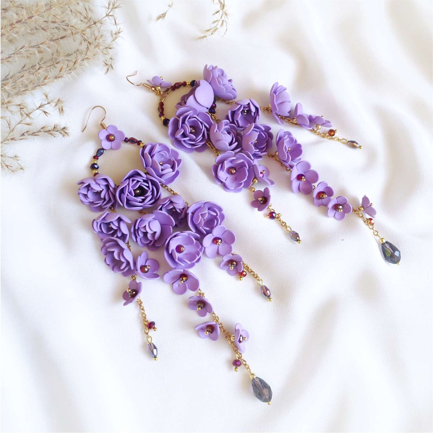 Long lilac flower earrings on gold chain 859 Lilac New Gardenia S