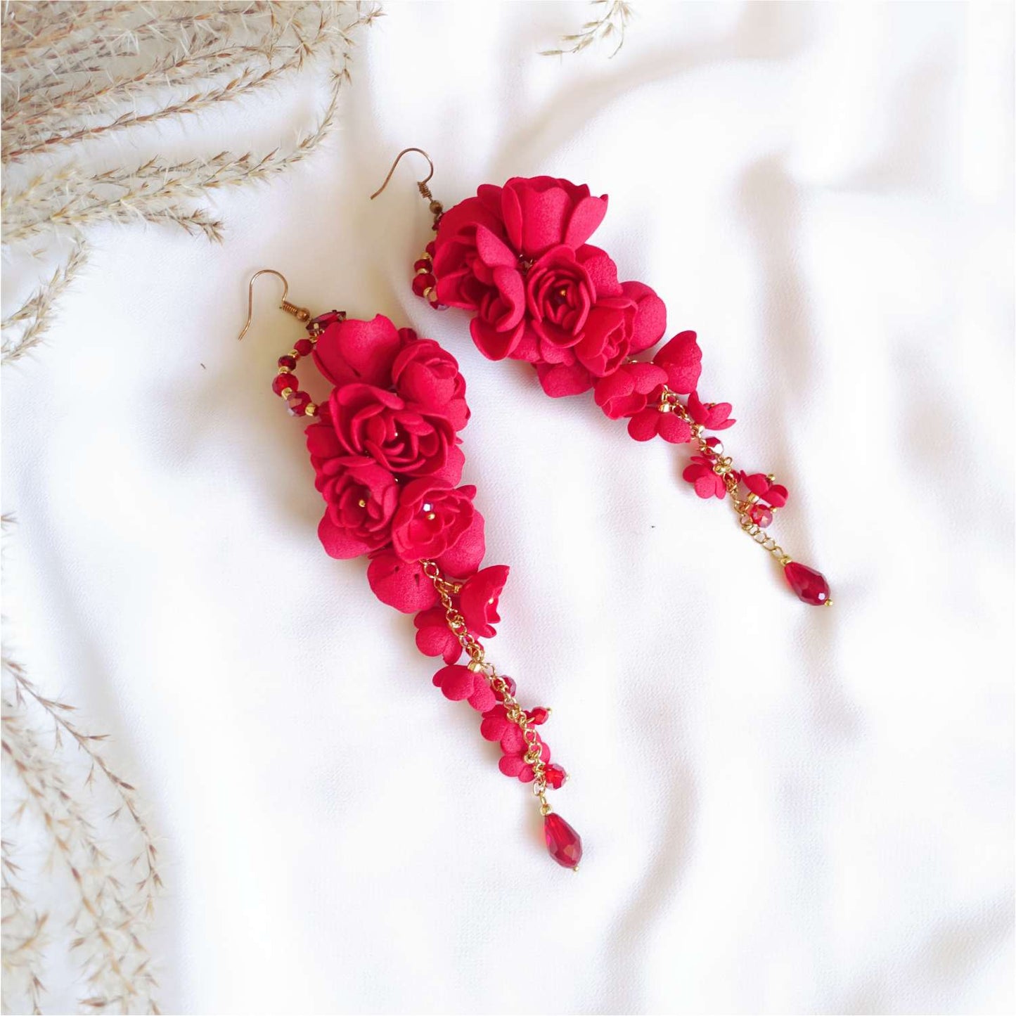 Long red grape flower earrings on a gold chain 863 Red Grapes