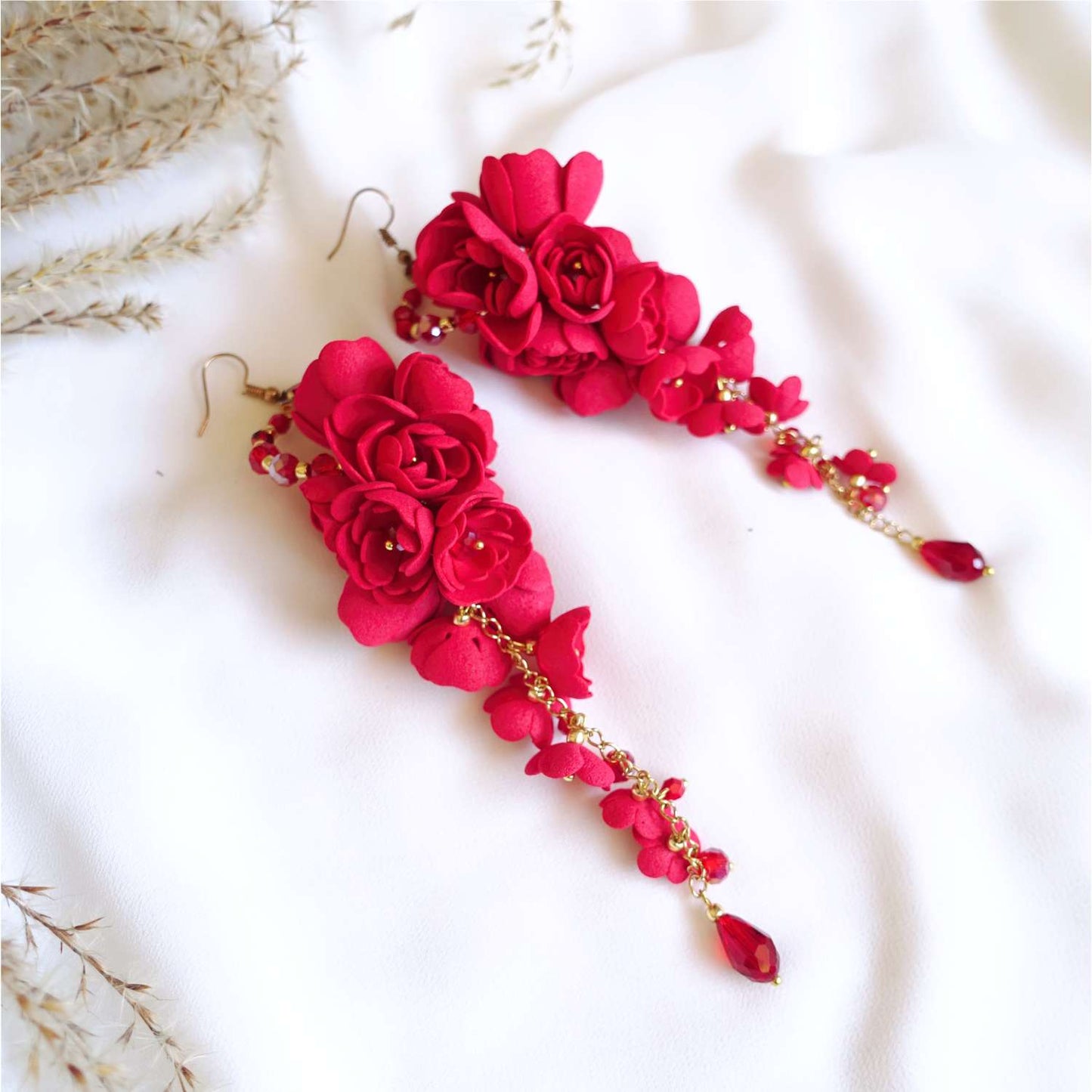 Long red grape flower earrings on a gold chain 863 Red Grapes