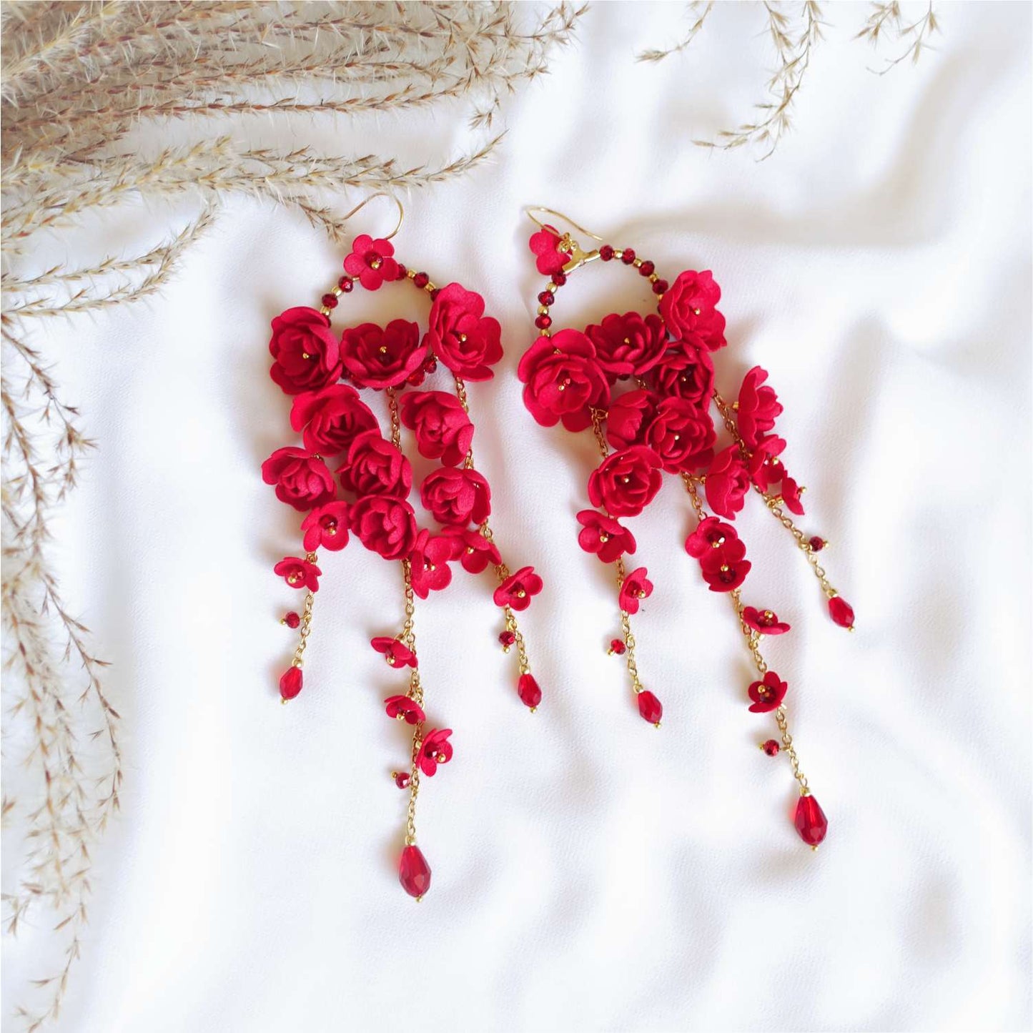 Long red flower earrings on gold chain 859 Red New Gardenia S