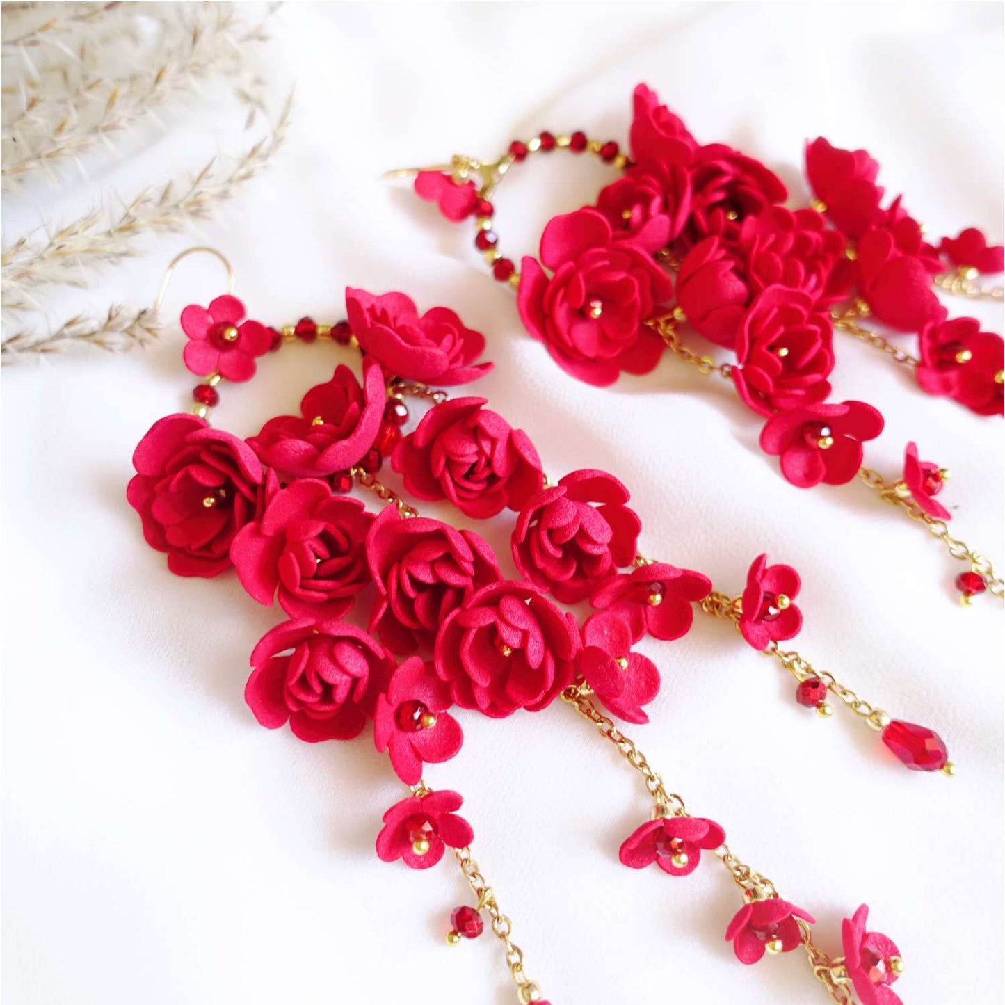 Long red flower earrings on gold chain 859 Red New Gardenia S