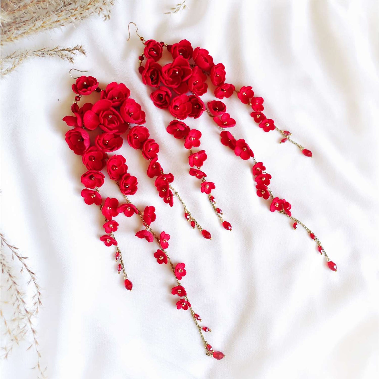 Red long flower earrings on gold chain 860 Red New Gardenia