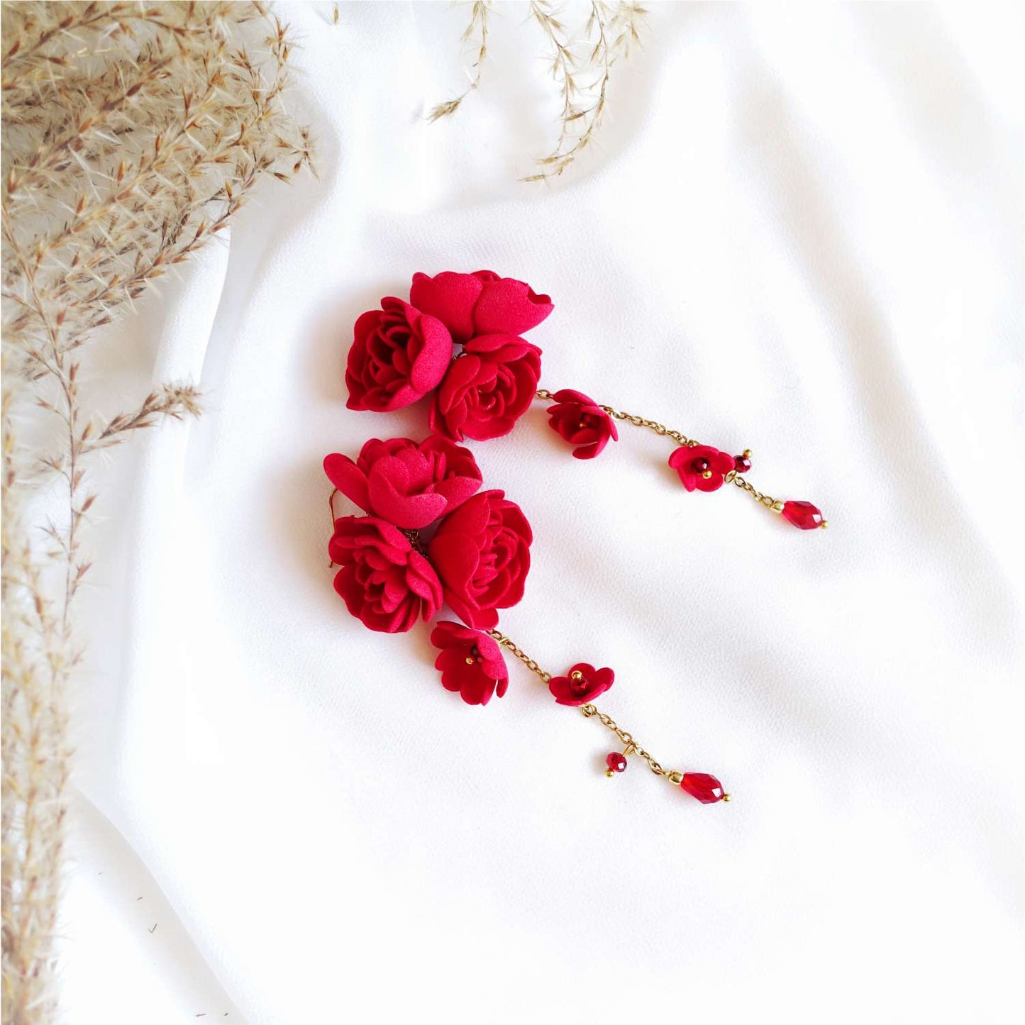 Red flower drop earrings on a gold chain Red Gardenia DK855