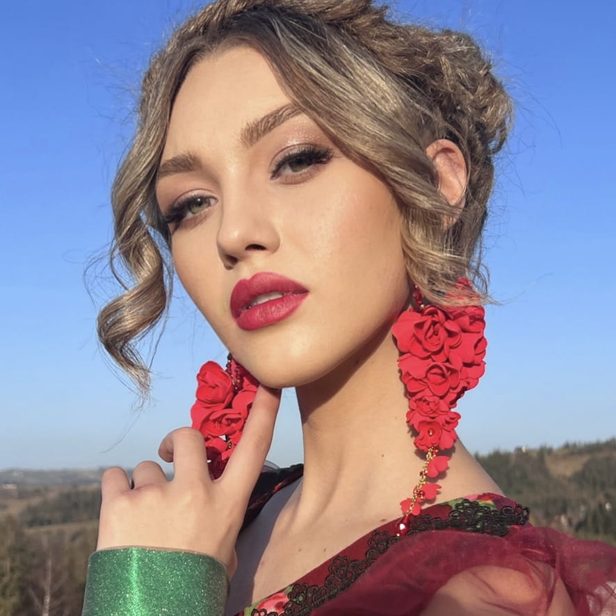 Long red grape flower earrings on a gold chain 861 Red Grapes